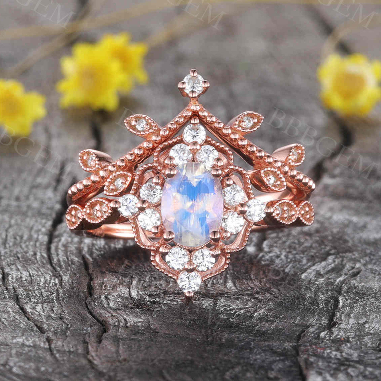 Antique Art Deco Moonstone Engagement Ring Set - 14K Rose Gold with Diamonds, Oval Cut Moonstone Bridal Jewelry for Wedding & Anniversary Gifts