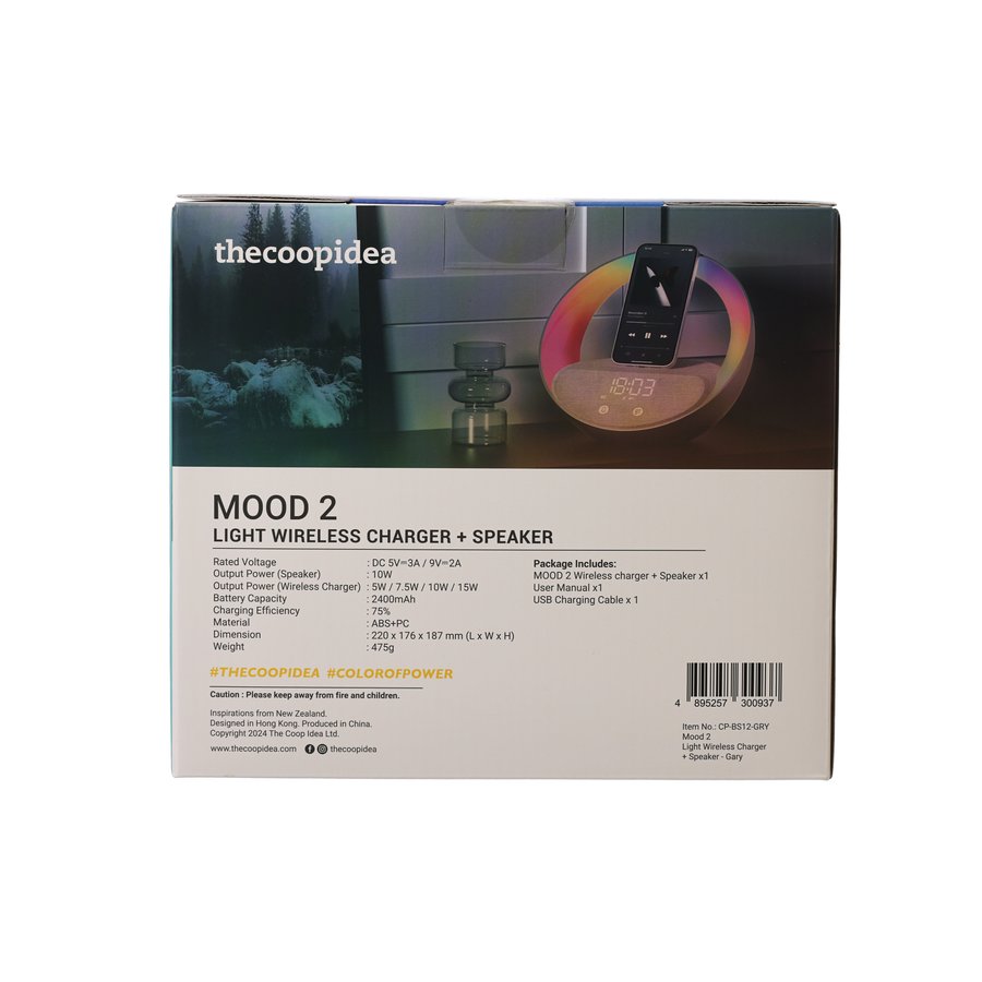 THECOOPIDEA Mood 2 Portable Bluetooth Speaker with Wireless Charger - IPX7 Waterproof, 20H Playtime, Grey - Perfect for Outdoor, Travel & Home Use