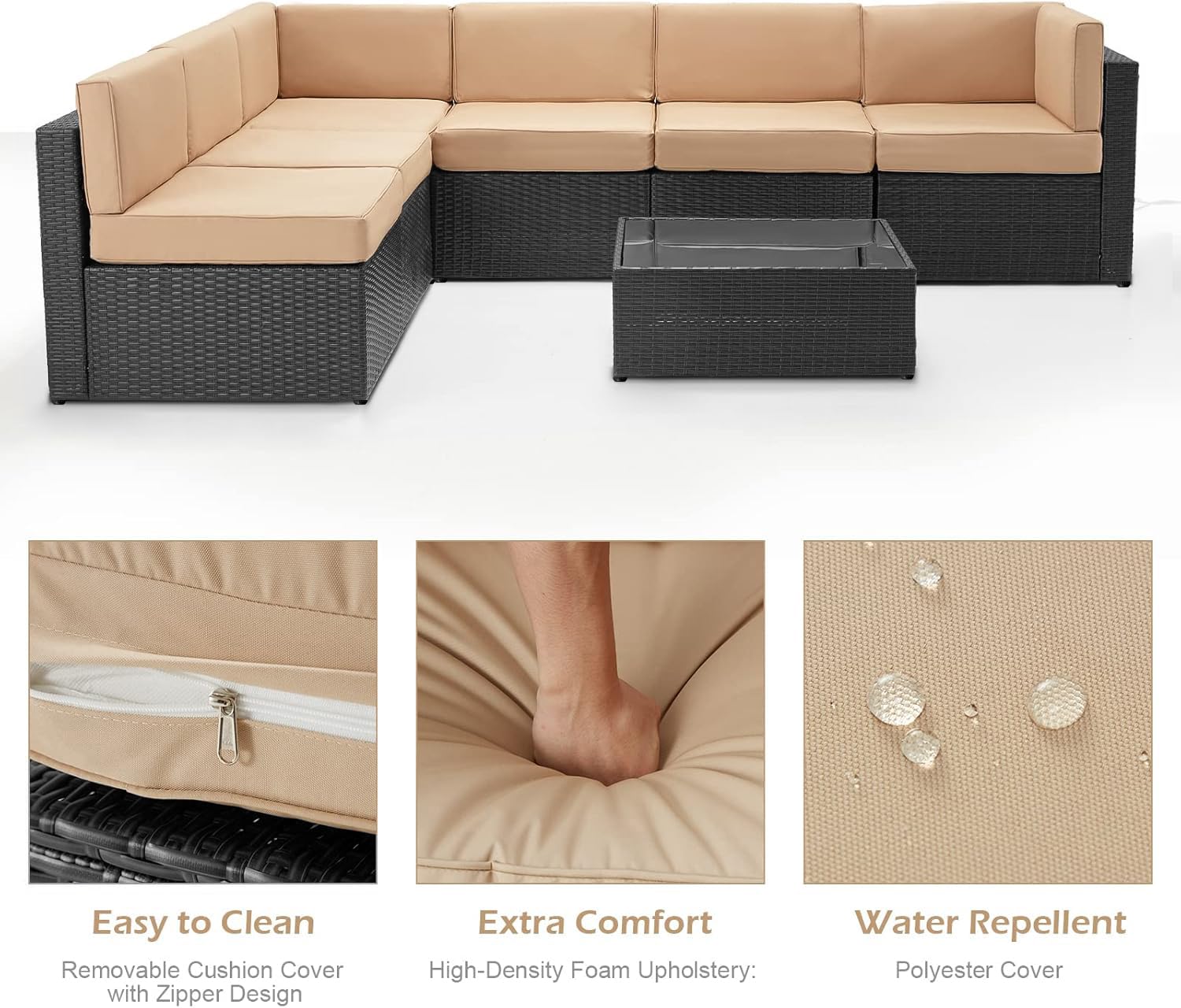 U-MAX 7-Piece Outdoor Patio Furniture Set - PE Rattan Wicker Sectional Sofa with Cushions & Coffee Table (Black Rattan & Beige Cushion) - Perfect for Garden, Backyard, Poolside & Patio Relaxation