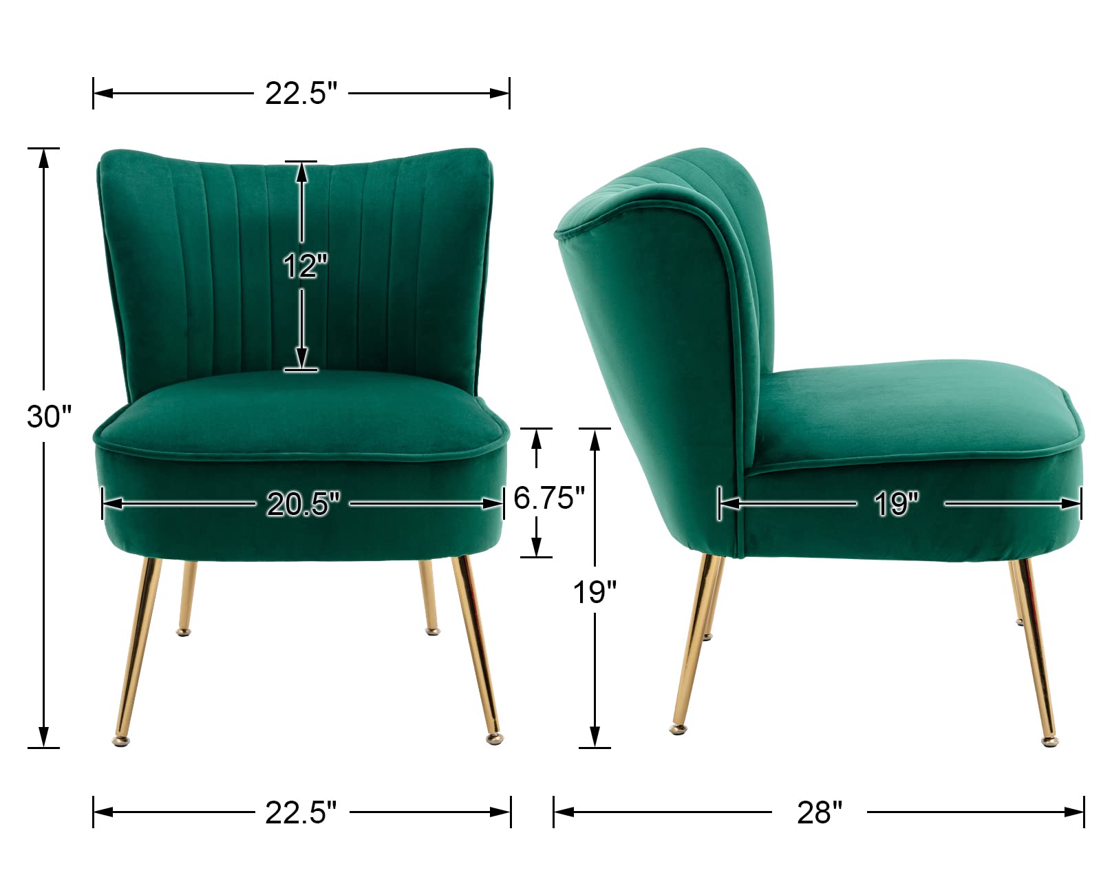 Velvet Accent Chairs Set of 2 - Mid-Century Modern Upholstered Side Chairs with Golden Legs, Comfy Armless Wingback Sofa for Living Room, Guest Room & Bedroom - Green Velvet Fabric for Elegant Home Decor