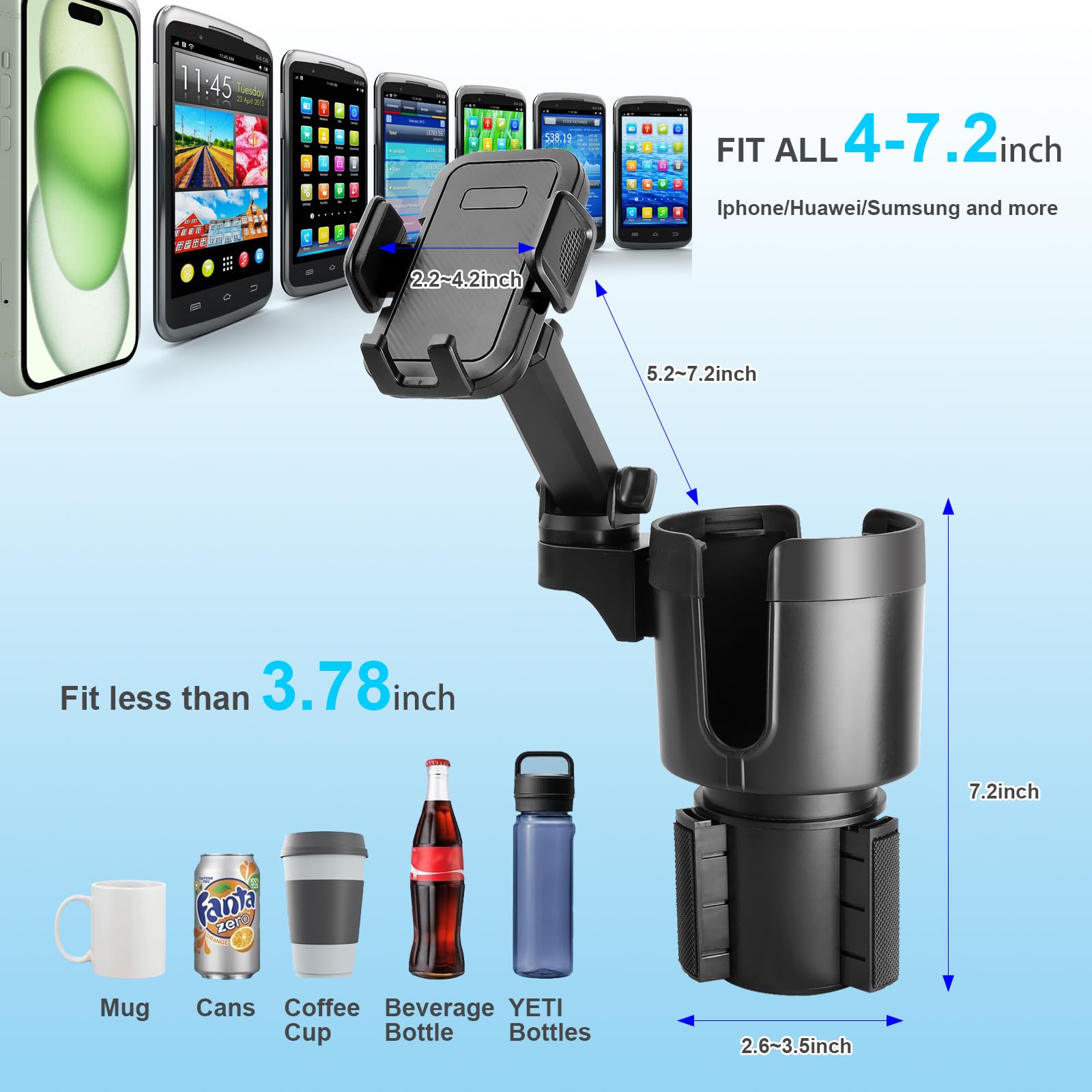 360° Rotating Cup Holder Phone Mount for Car - 2 in 1 Car Cup Holder Expander with Long Arm, Universal Smartphone Holder for iPhone, Samsung, Pixel - Perfect for Road Trips, Commuting & Food Delivery