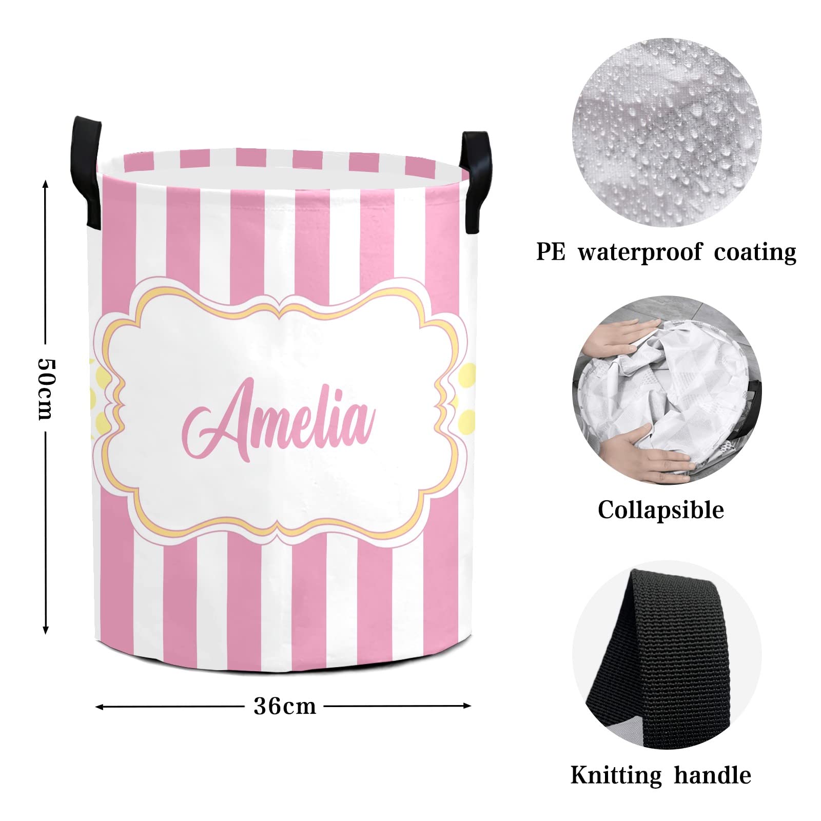 Waterproof Collapsible Striped Pink Laundry Basket with Handles - Personalized Clothes Hamper for Bathroom & Bedroom Storage (19.7