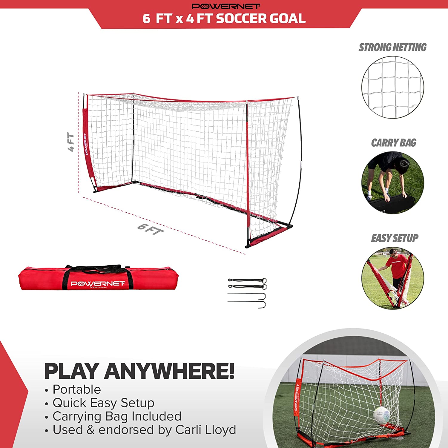 PowerNet Soccer Goal 6x4 Feet - Portable & Durable Soccer Net for Backyard, Training, and Games - Perfect for Kids and Adults Outdoor Sports