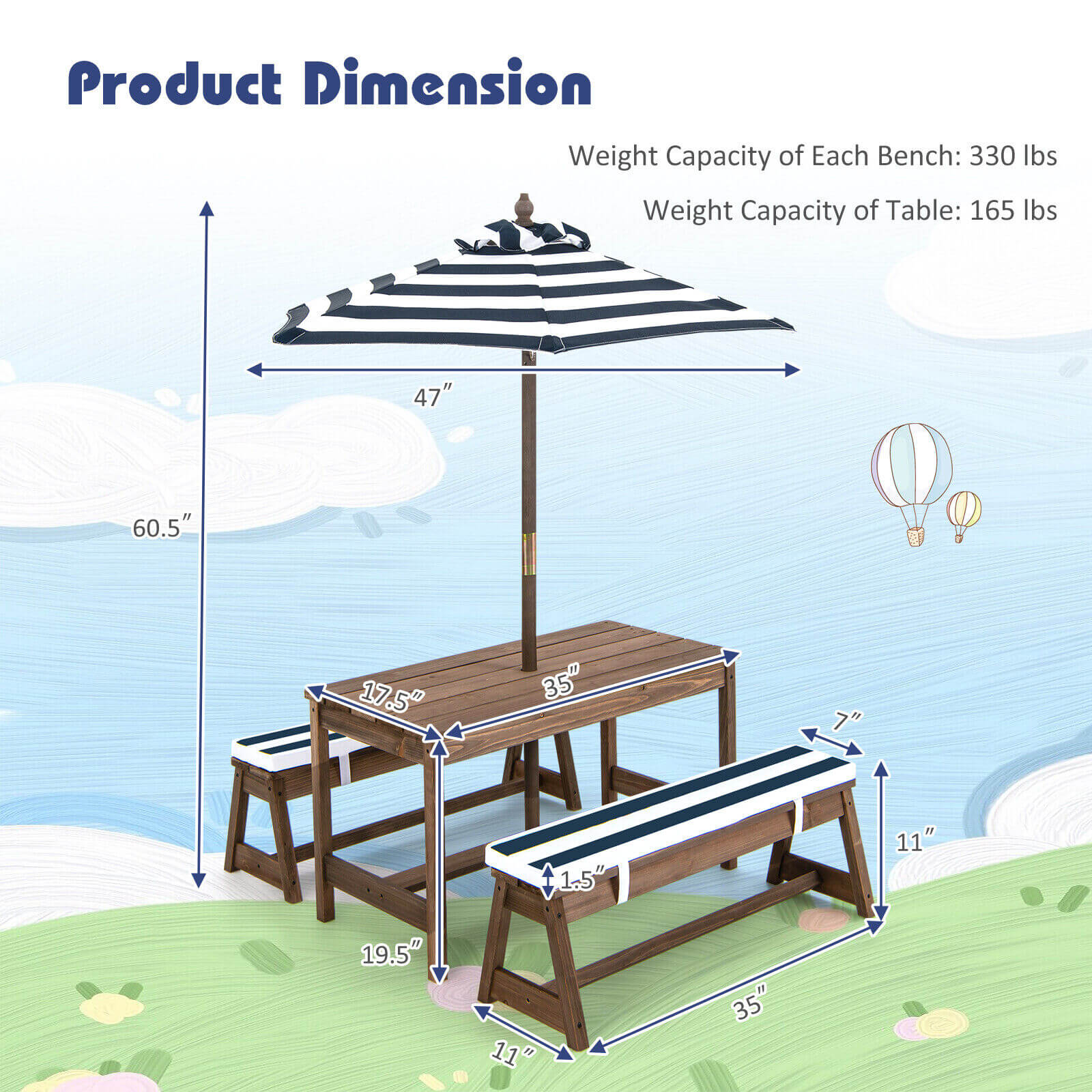 Adjustable Height Kids Picnic Table and Bench Set with Cushions & Umbrella - Outdoor Play Furniture for Backyard, Garden, and Patio - Perfect for Birthday Parties and Family Gatherings (Blue)