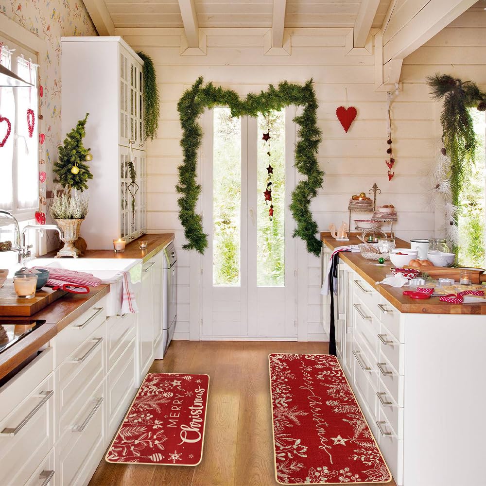 Christmas Kitchen Rugs Set of 2 - Non-Slip Holiday Floor Mats with Holly Pine Design for Xmas Decor, Red Winter Kitchen Mats for Farmhouse, Bedroom & Entryway - Perfect for Holiday Gatherings and Cozy Home Decor