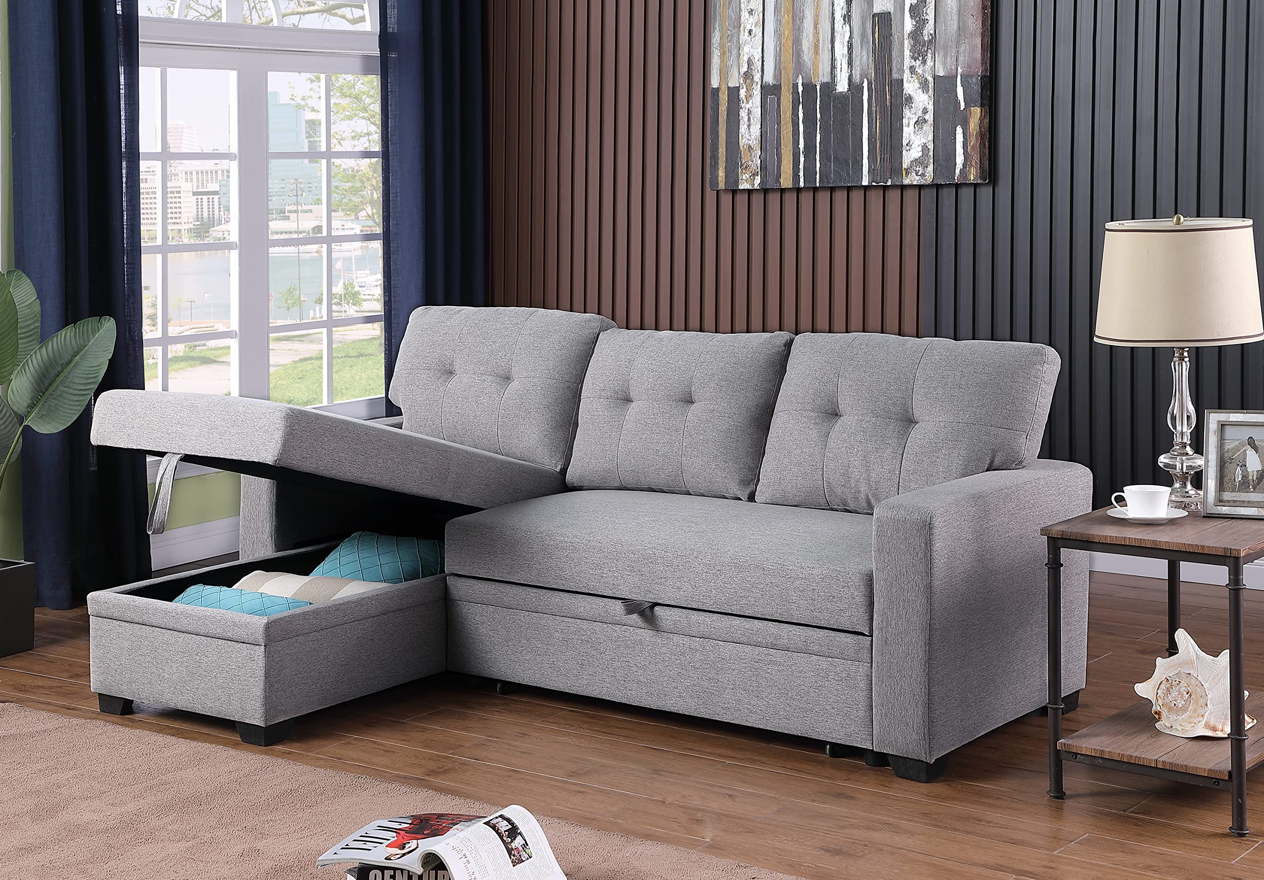 Devion Furniture L-Shape Sleeper Sectional Sofa with Linen Fabric - Convertible Sofa Bed for Living Room, Apartment & Dorm - Light Gray | Perfect for Small Spaces, Guest Rooms & Studio Apartments