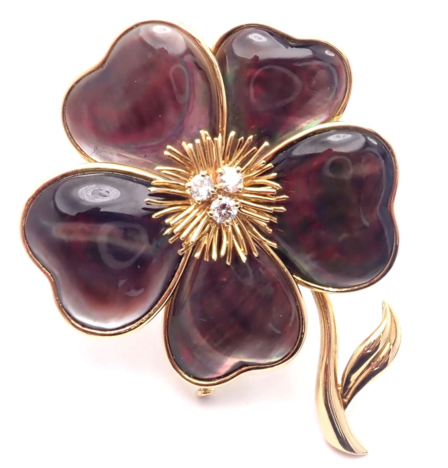 Van Cleef & Arpels Clématite 18k Yellow Gold Diamond & Gray Mother of Pearl Brooch Pin - Luxury Jewelry Gift for Women, Perfect for Weddings & Special Occasions