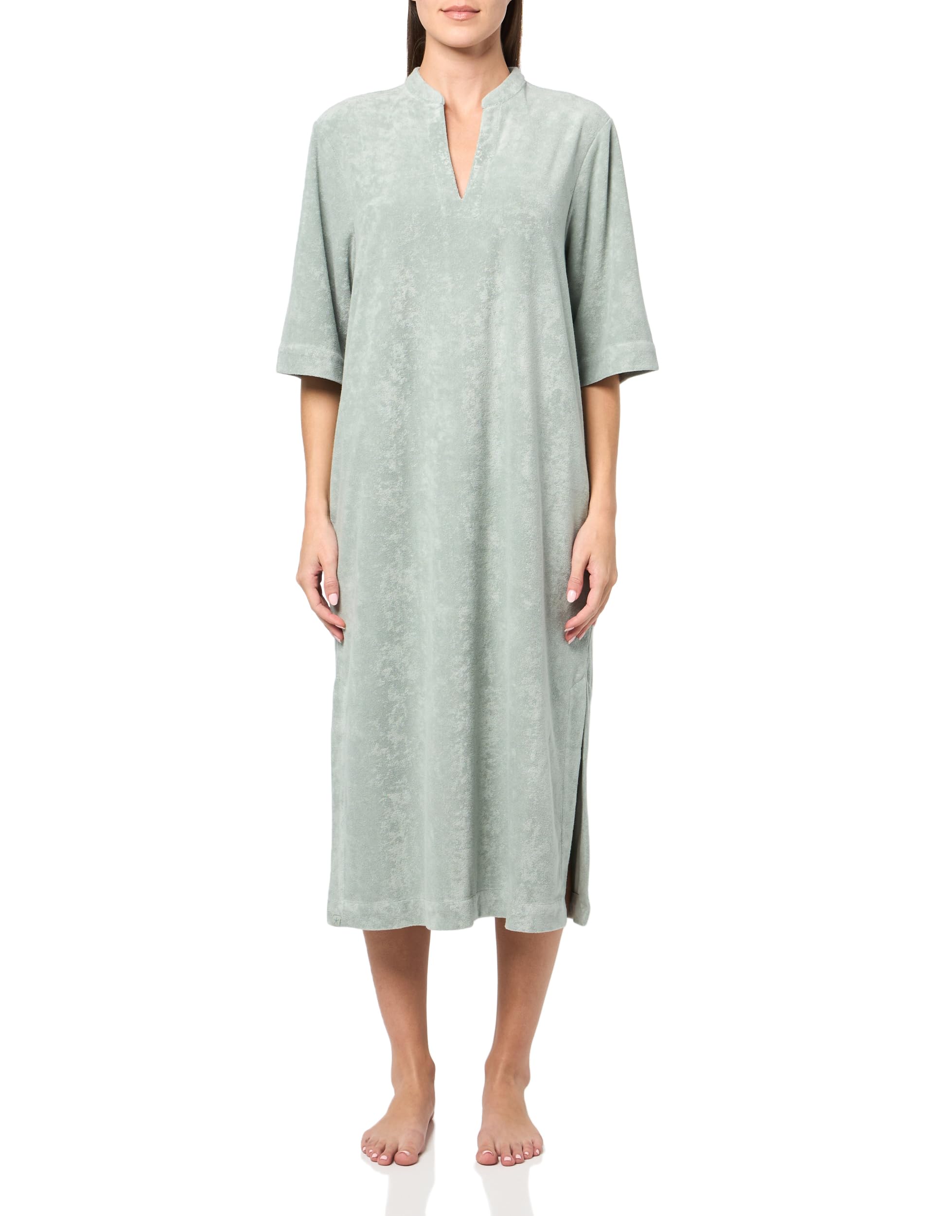 Barefoot Dreams CozyTerry Placket Caftan - Soft Lounge Dress for Women in Beach Glass Color (XS) | Perfect for Beach Cover-Up, Resort Wear & Relaxing at Home
