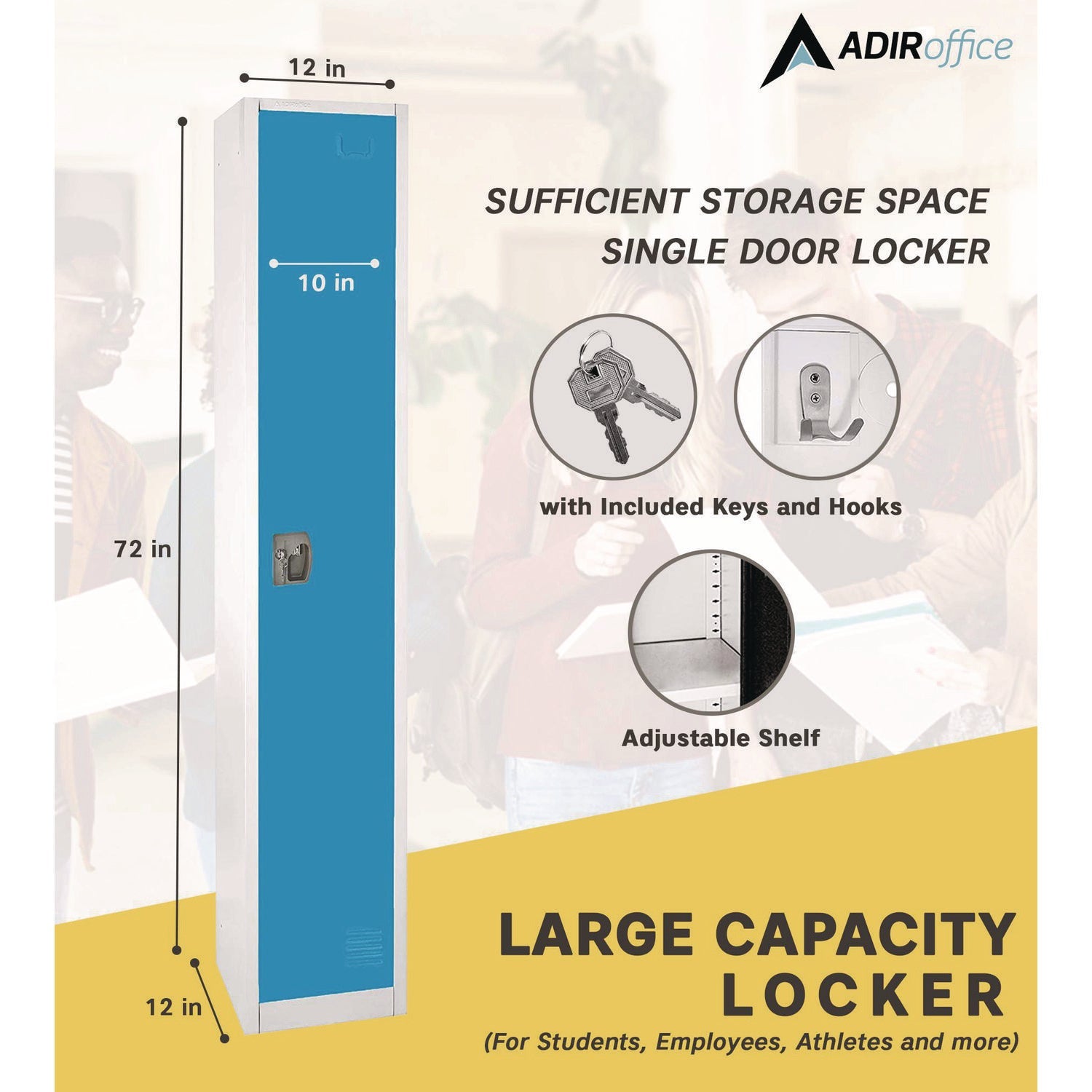 AdirOffice Heavy Duty Steel Storage Locker - 12x12x72 Inches, Blue - Secure 1-Compartment Cabinet for Schools, Gyms & Offices