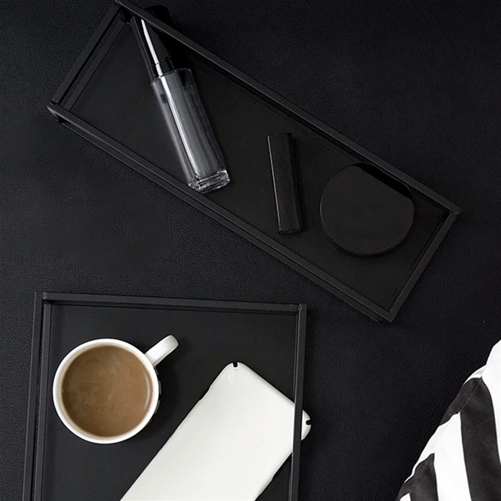 **Matte Black Geometric Hollow Iron Tray - Decorative Jewelry & Perfume Organizer for Dresser, Vanity, or Bathroom Storage (Black)**