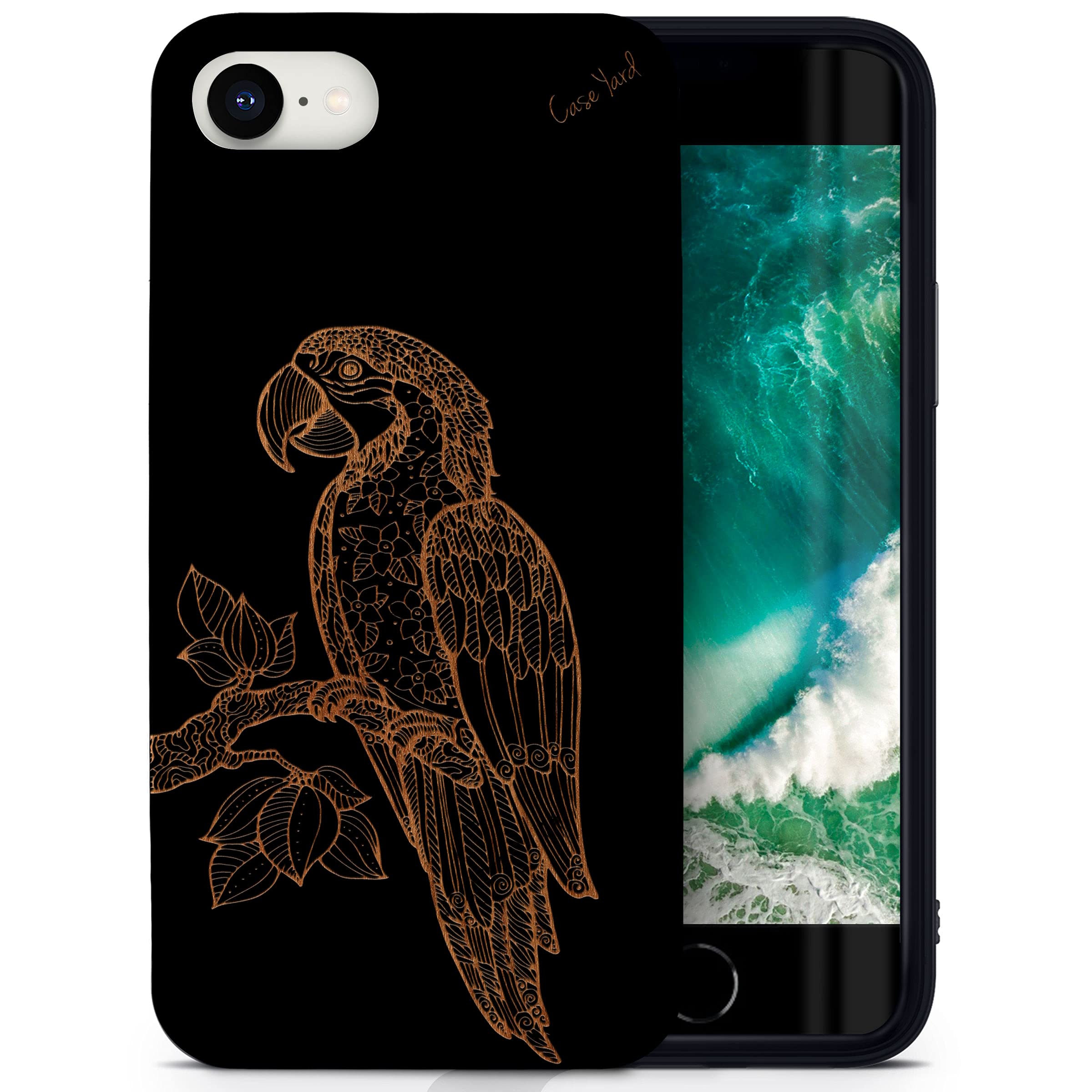 Wooden iPhone SE Case with Laser Engraved Ara Parrot Design - Shockproof Slim Fit Protective Cover for Men & Women - Perfect for Outdoor Adventures & Daily Use