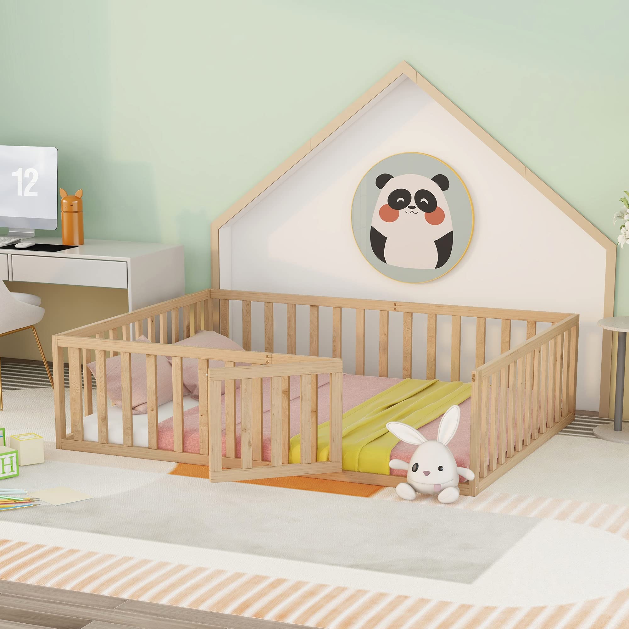 SOFTSEA Queen Montessori Floor Bed Frame with Safety Fence for Kids & Toddlers - No Bed Slats Needed - Perfect for Montessori Rooms, Daycare Centers & Safe Toddler Sleeping Spaces