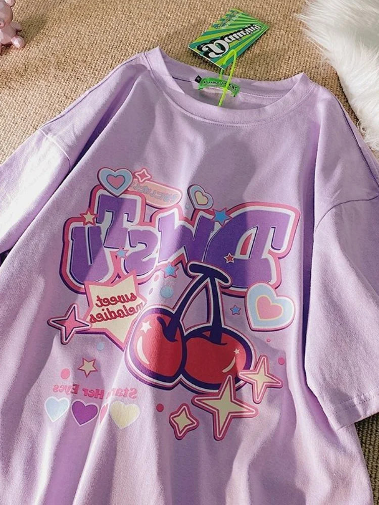 Cartoon Fruit Print Women's T-Shirt - Cute Oversized Y2K Harajuku Style Short Sleeve Tee for Women & Girls | Perfect for Casual Wear, Street Fashion & Retro Outfits
