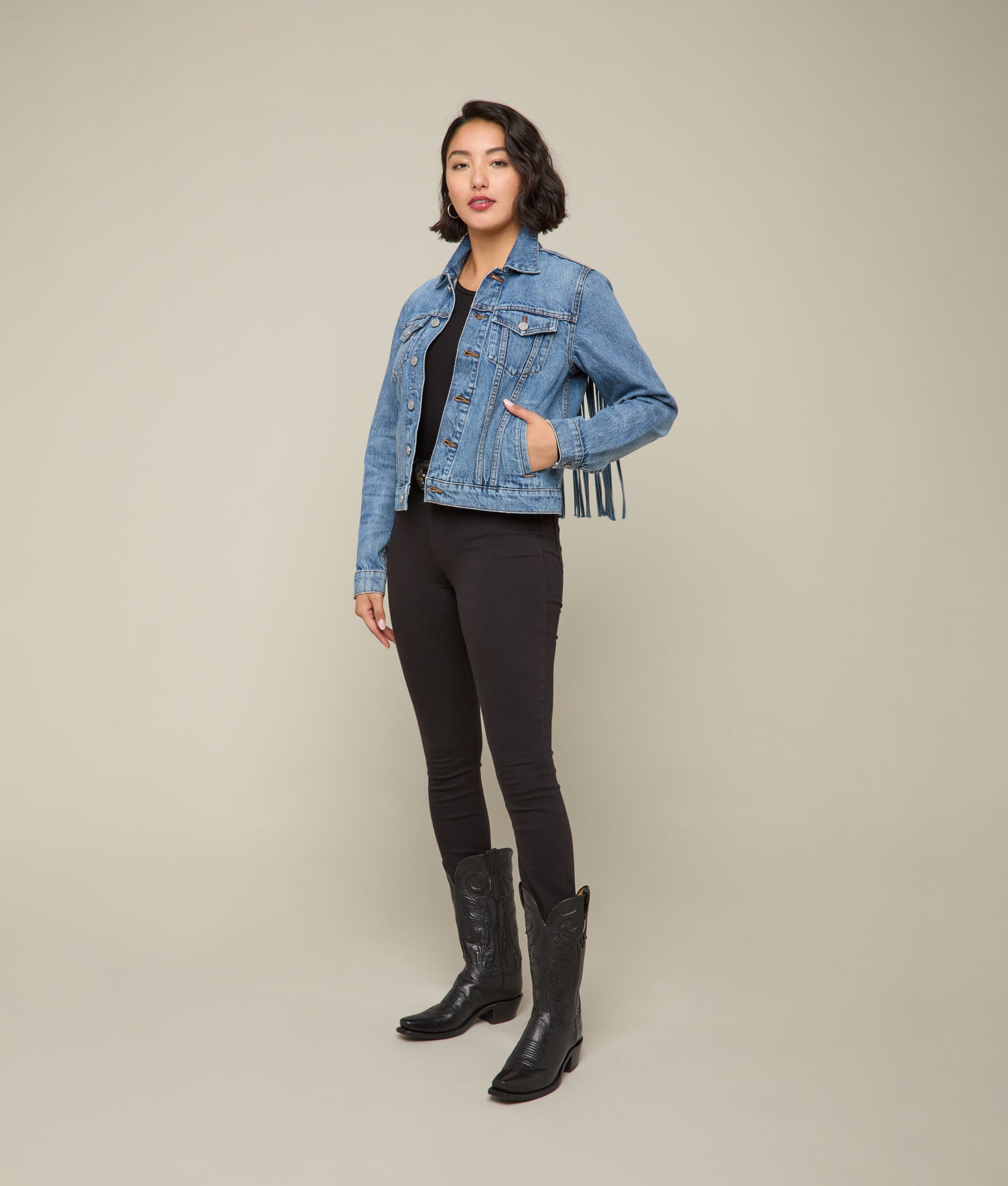 Justine Fringe Denim Jacket for Women - Blue Roan Distressed Vintage Style Jacket - Perfect for Casual Outfits, Music Festivals & Boho Fashion