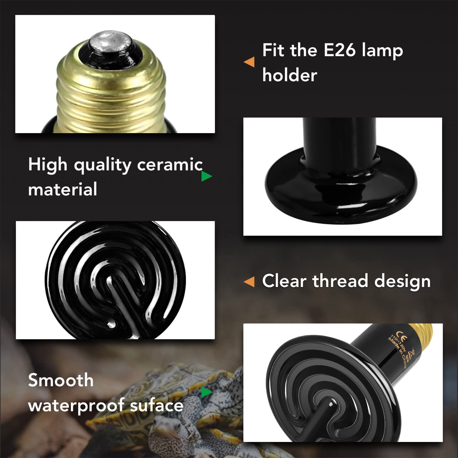 Simple Deluxe Reptile Heat Lamp Bulb - Ceramic Heat Emitter 40W/60W/100W/150W/250W - No Light Brooder Coop Heater for Amphibian Pets, Chicken Incubation & Reptile Tanks - Ideal for Terrariums, Vivariums & Poultry Farms