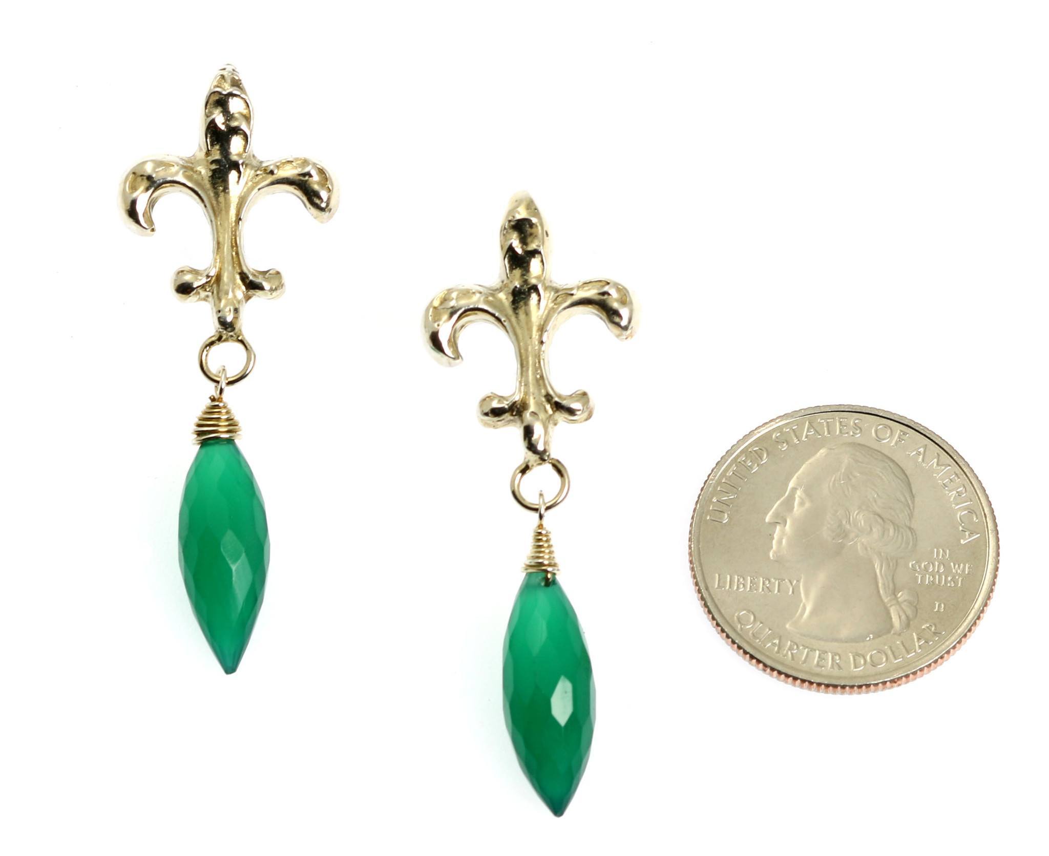 18.5 CT Green Onyx Sterling Silver Fleur de Lis Earrings for Women - Elegant French Symbol Jewelry for Parties, Weddings & Special Occasions