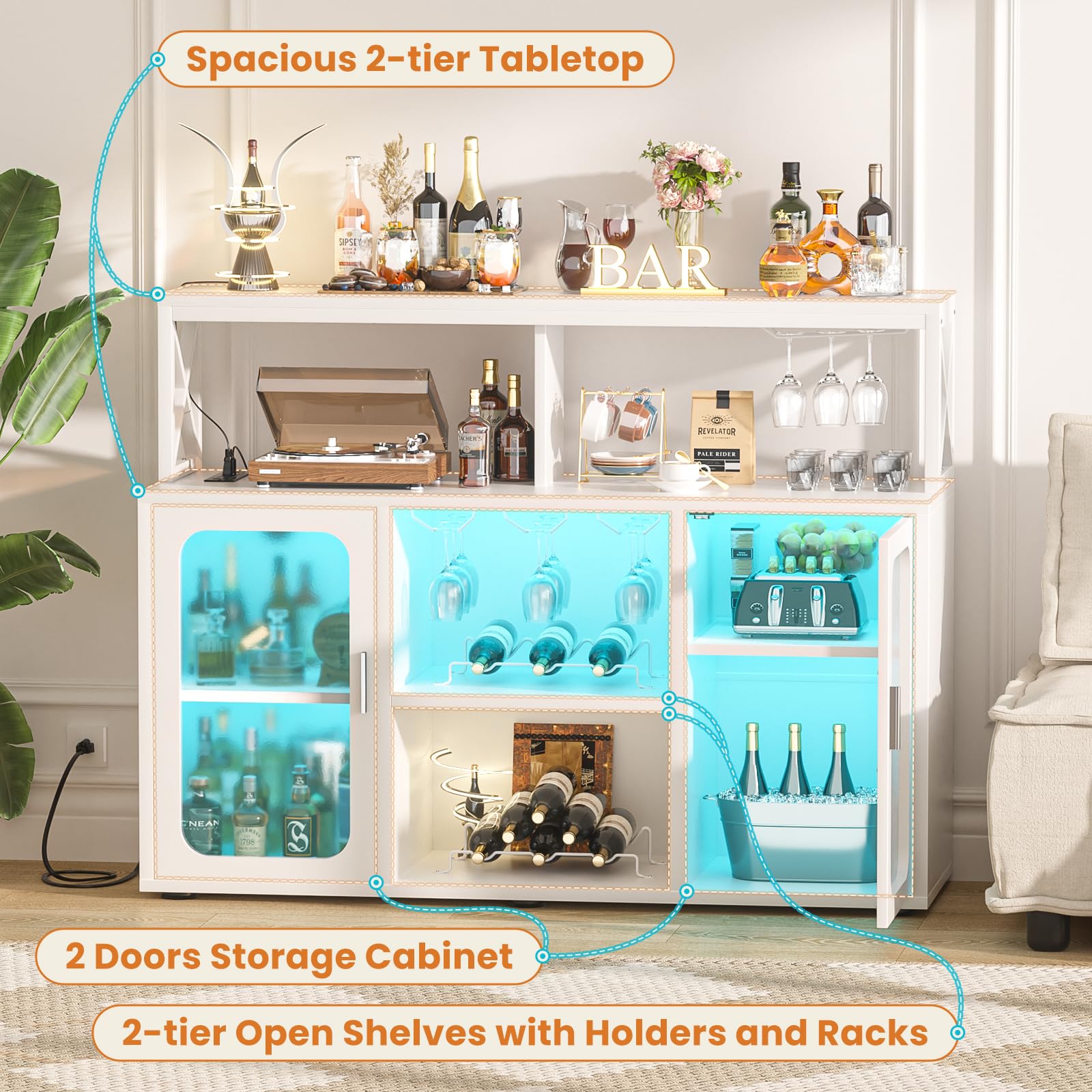 Aheaplus Modern Bar Cabinet with Power Outlet & LED Lights - Wine Storage Cabinet with Glass Holders, Adjustable Shelves - Perfect for Home Bar, Kitchen Coffee Station & Entertaining - White (Model S3)