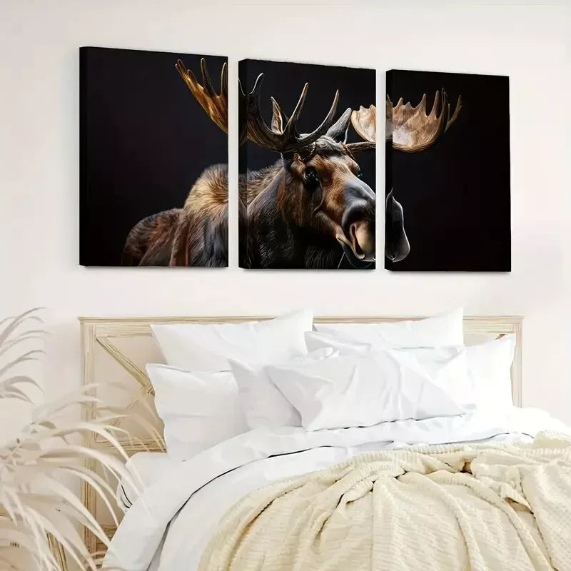 3-Piece Retro Simple Elk Animal Dark Black Wall Art Set - Framed Canvas 40x60cm (16x24in) | High Quality Print | 100% Australian Made | Ready to Hang | Perfect for Living Room, Bedroom & Office Decor