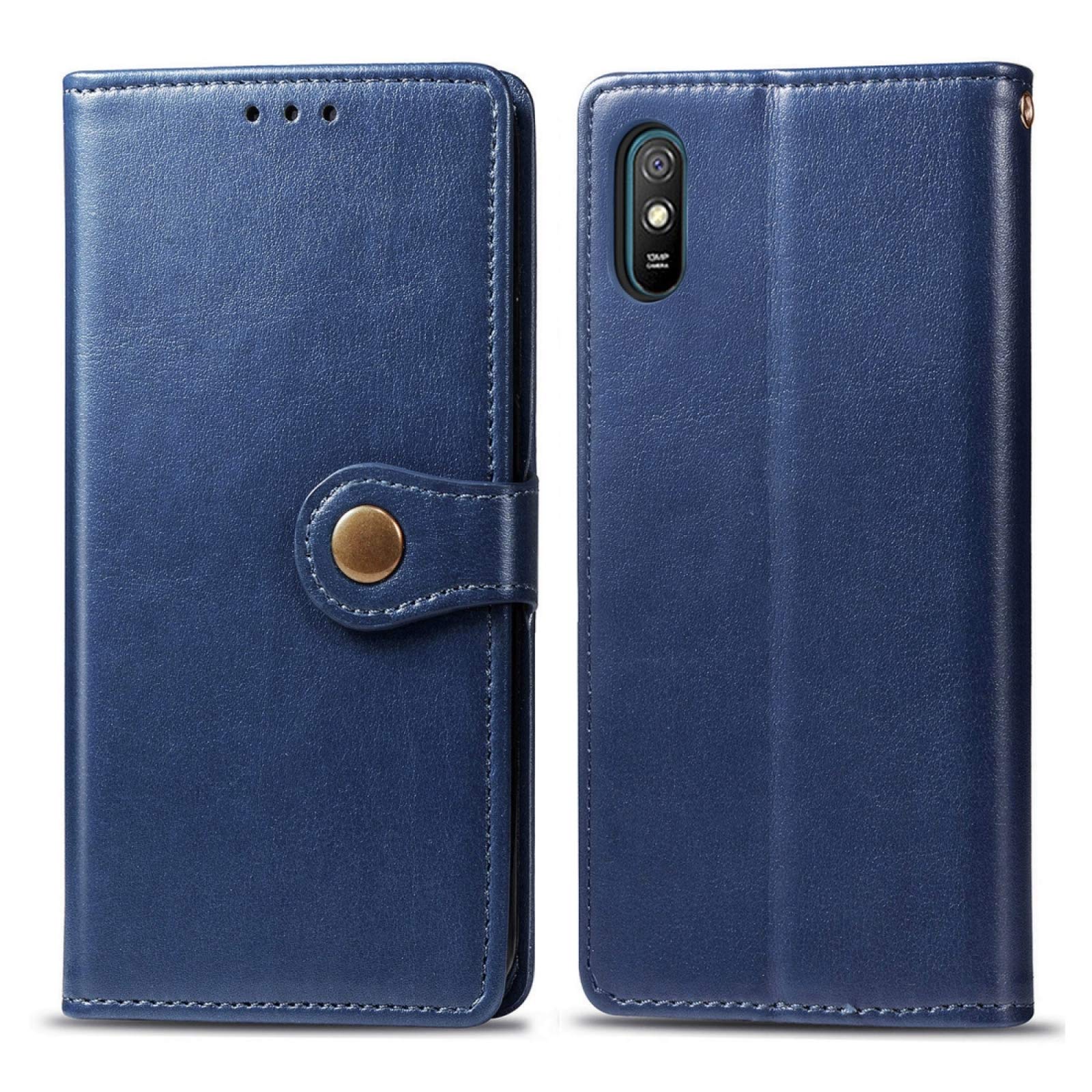 Xiaomi Redmi 9A Phone Case - Genuine Leather with Card Holder, Kickstand & Lanyard | Slim Protective Cover for Redmi 9A | Wallet Case with Photo Frame Slot (Blue) - Perfect for Daily Use, Travel & Business