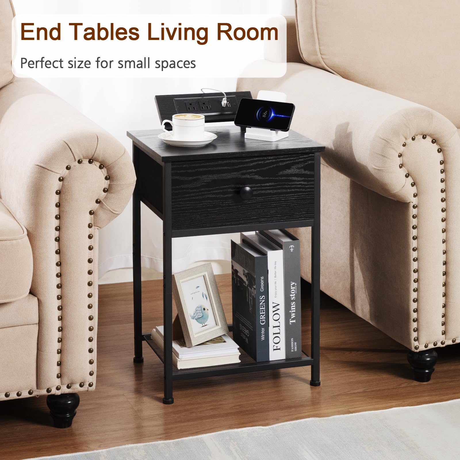 AMHANCIBLE Night Stand Set of 2 - Black Bedside Tables with Charging Station & Fabric Storage Drawer - Slim End Tables for Small Spaces - Perfect for Bedroom, Living Room & Dorm Use
