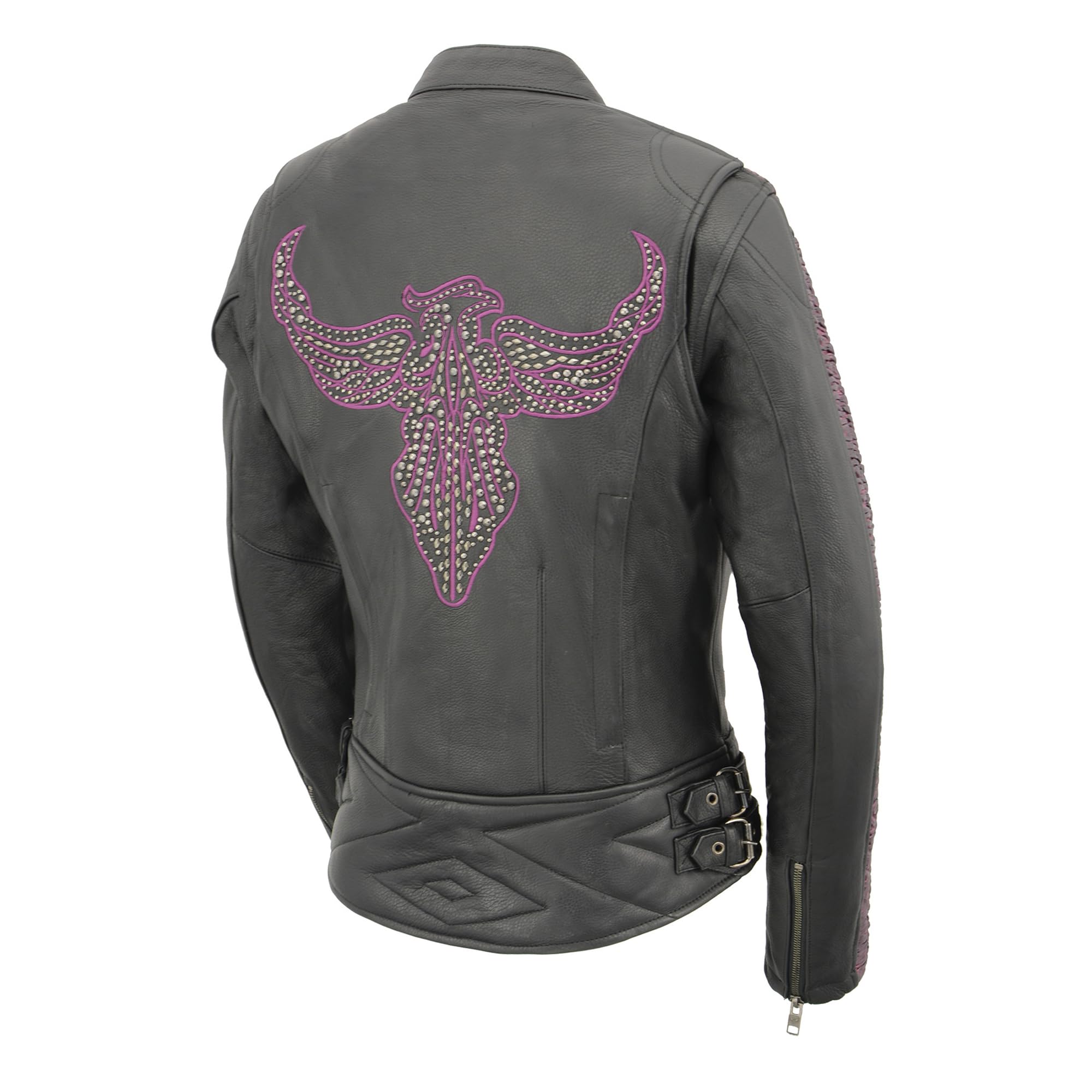 Milwaukee Leather Women's Black Purple Fuchsia Racer Jacket with Phoenix Studs & Embroidery MLL2570 - Perfect for Motorcycle Riding, Biker Events & Fashion Statement