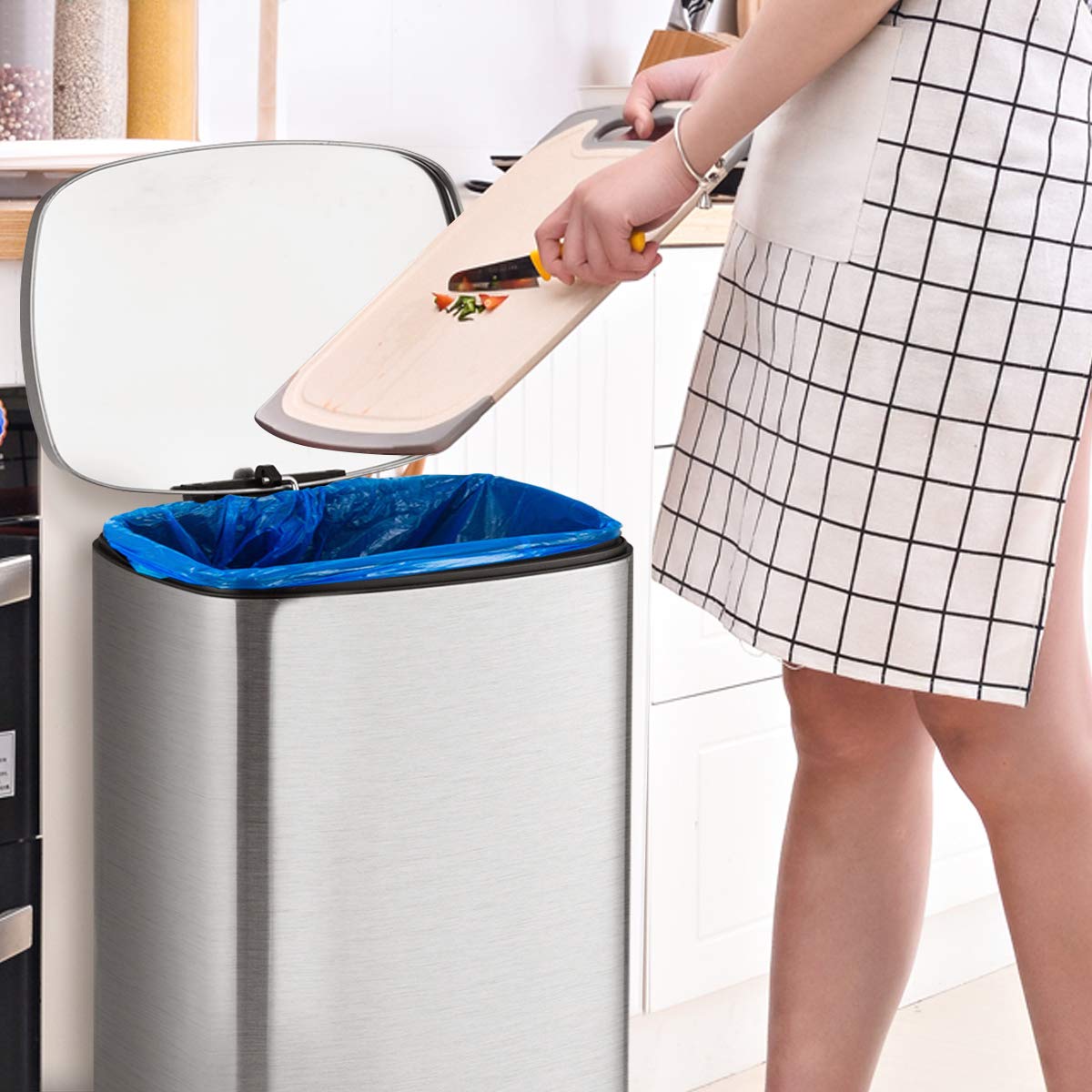 Stainless Steel Step Trash Can with Freshener System - Airtight Rectangular Garbage Bin for Kitchen, Office, Home - Includes Plastic Inner Buckets & Hinged Lids - Perfect for Odor Control and Waste Management in Small Spaces (Silver)