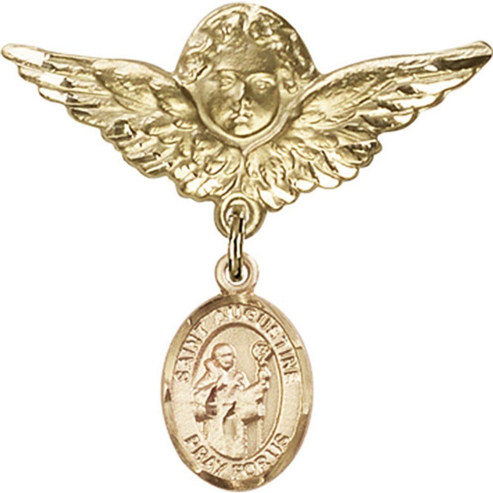 St. Augustine Gold Filled Baby Badge with Angel Wing Charm - 1 1/8 X 1 1/8 Inch Religious Pin for Baptism, Christening & First Communion Gifts