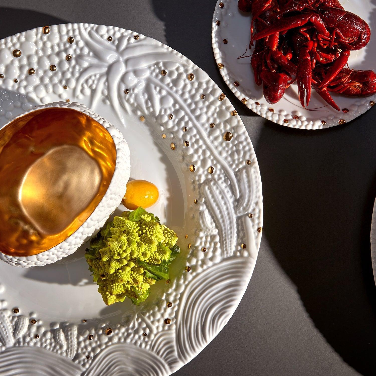 Haas Mojave Desert Bowl - Small White & Gold Ceramic Serving Bowl for Salads, Snacks, and Home Decor