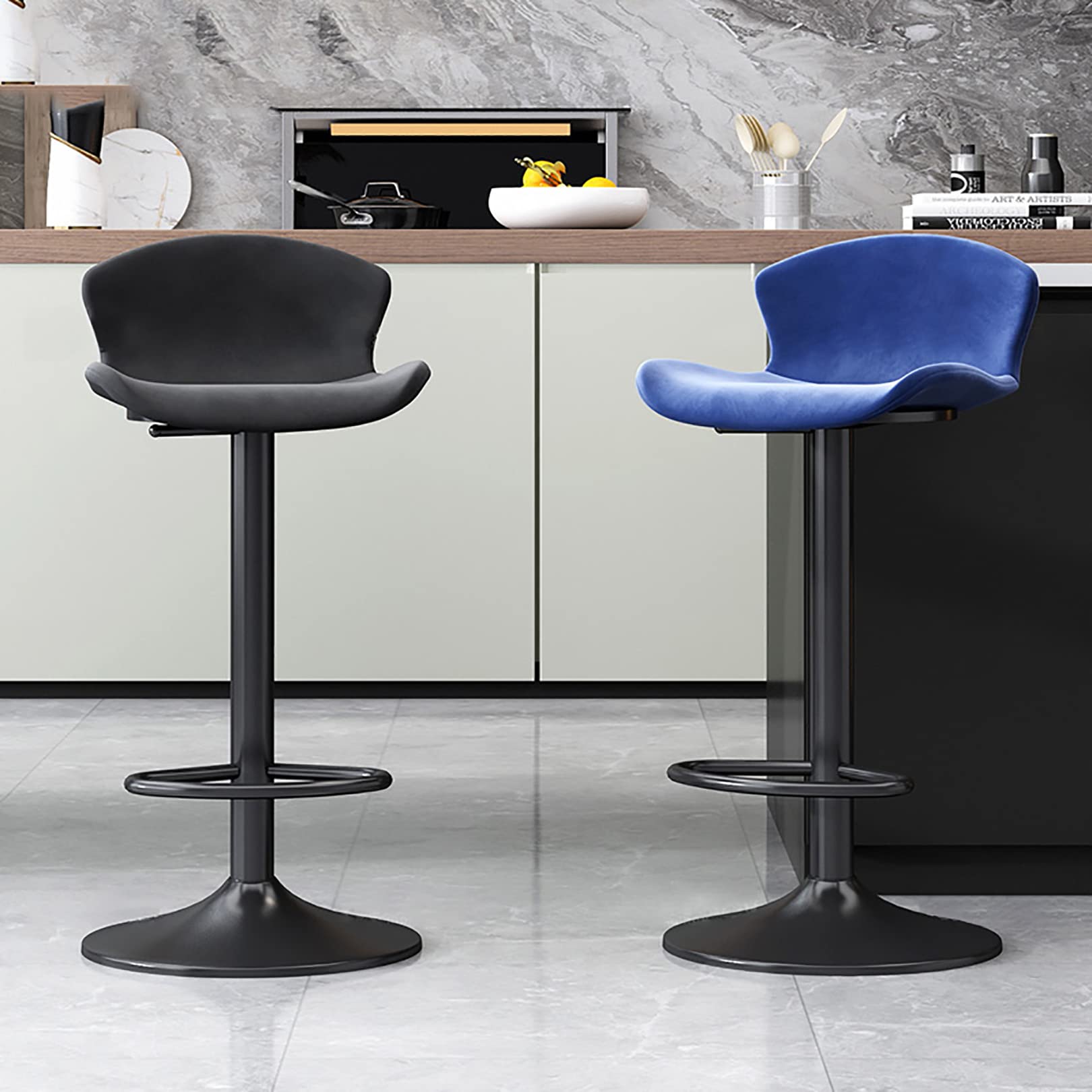 **Adjustable 360° Swivel Bar Stools 65-80cm (29.5 Inch) - Counter Height Kitchen & Dining Chairs with Backrest & Black Metal Base - Blue - Perfect for Home Bars, Kitchen Islands & Breakfast Nooks**