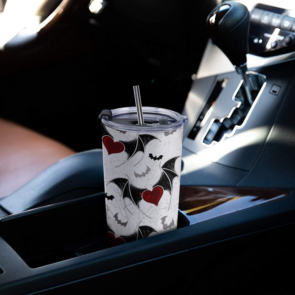 Bats and Hearts 20oz Insulated Travel Mug - Double Wall Stainless Steel Coffee Tumbler with Lid - Perfect for Hot & Cold Drinks, Office, Commuting, and Outdoor Adventures