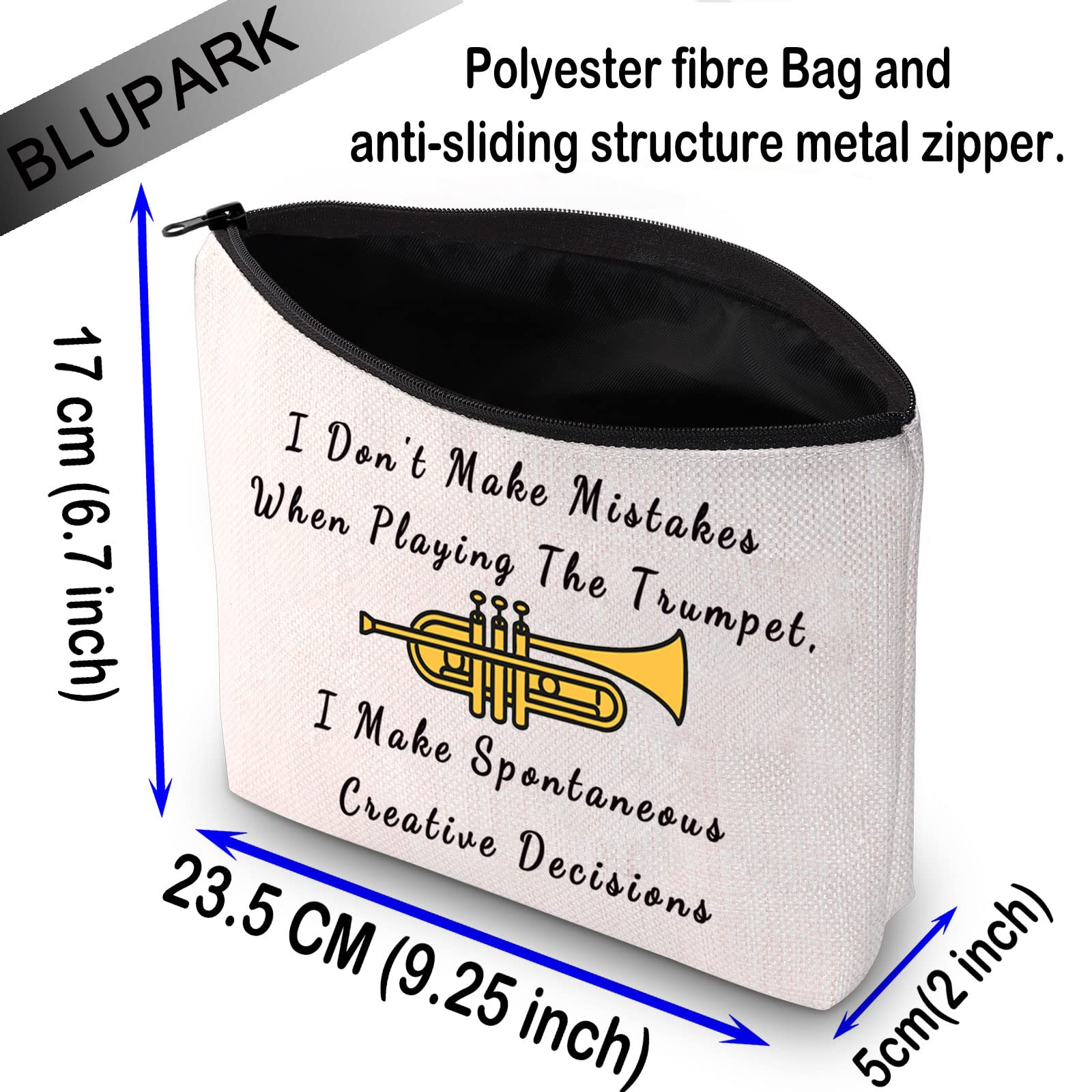 BLUPARK Trumpet Player Gift - Cornet Shaped Cosmetic Bag for Musicians | 'I Don't Make Mistakes When Playing The Trumpet' Design | Perfect Gift for Trumpet Players, Music Teachers & Band Members | Great for Makeup Storage & Music Accessories