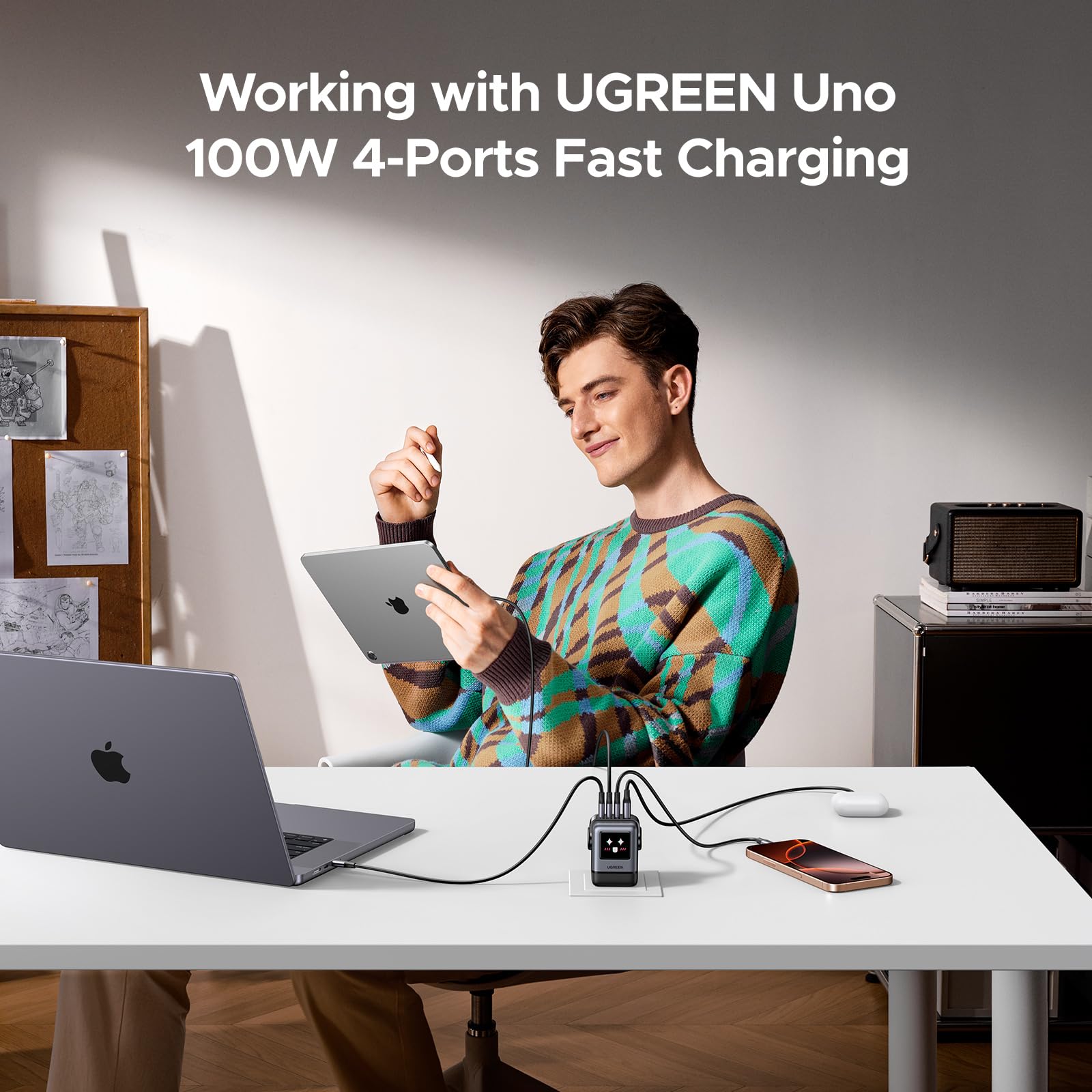 UGREEN Nexode 100W 4-Port GaN Fast Charger | USB C Power Adapter for MacBook Pro/Air, iPad Pro, iPhone 16, Galaxy S24 | Compact PD Charger for Travel, Office & Home Use