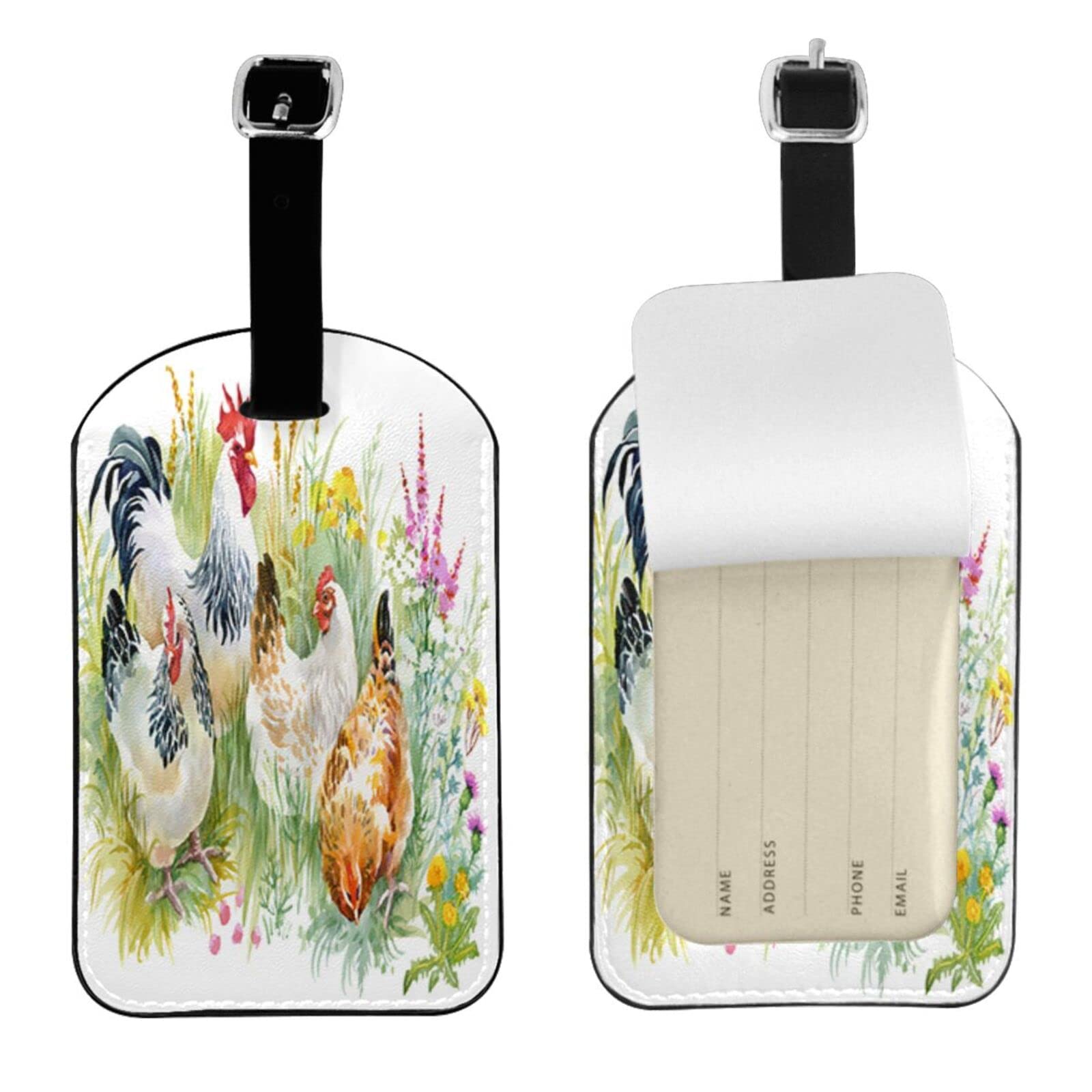 Colorful Watercolor Chicken & Rooster Luggage ID Tag - Leather Travel Accessory for Suitcases, Bags & Backpacks - Perfect for Airports, Vacations & Business Trips
