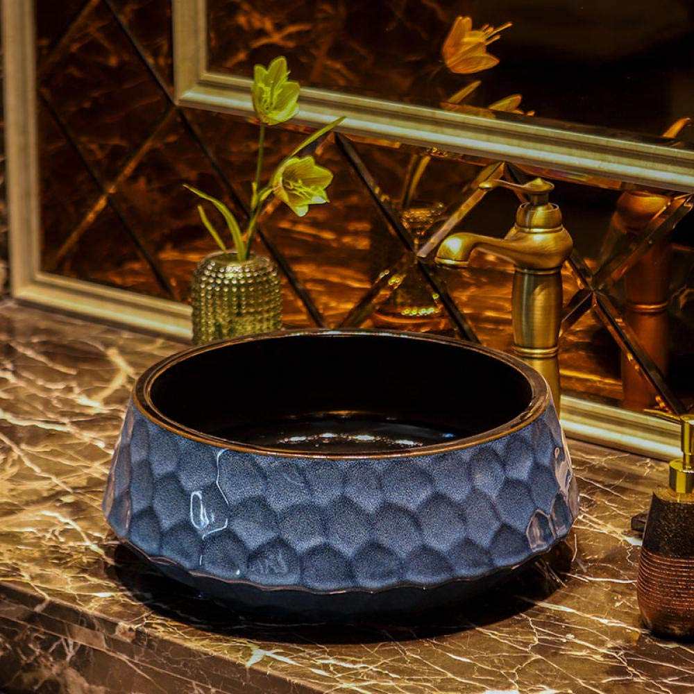 NOALED Artistic Round Ceramic Countertop Basin - Blue Bathroom Sink for Modern Vanity | Perfect for Powder Rooms, Guest Baths & Contemporary Home Decor