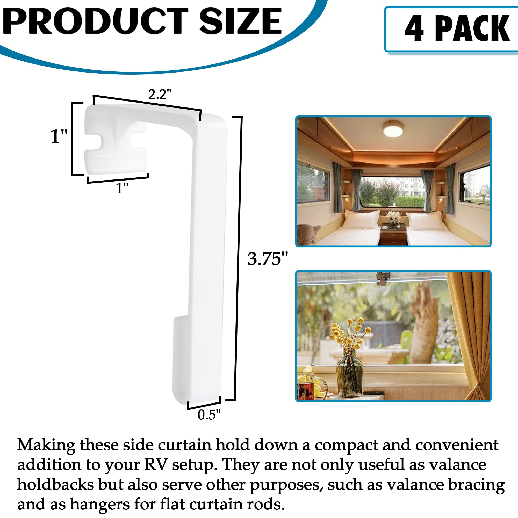 Tongass 4-Pack White RV Curtain Clips - Heavy Duty Plastic Window Covering Hardware for Motorhome, Camper & Trailer - Secure Side Curtains While Driving or Camping