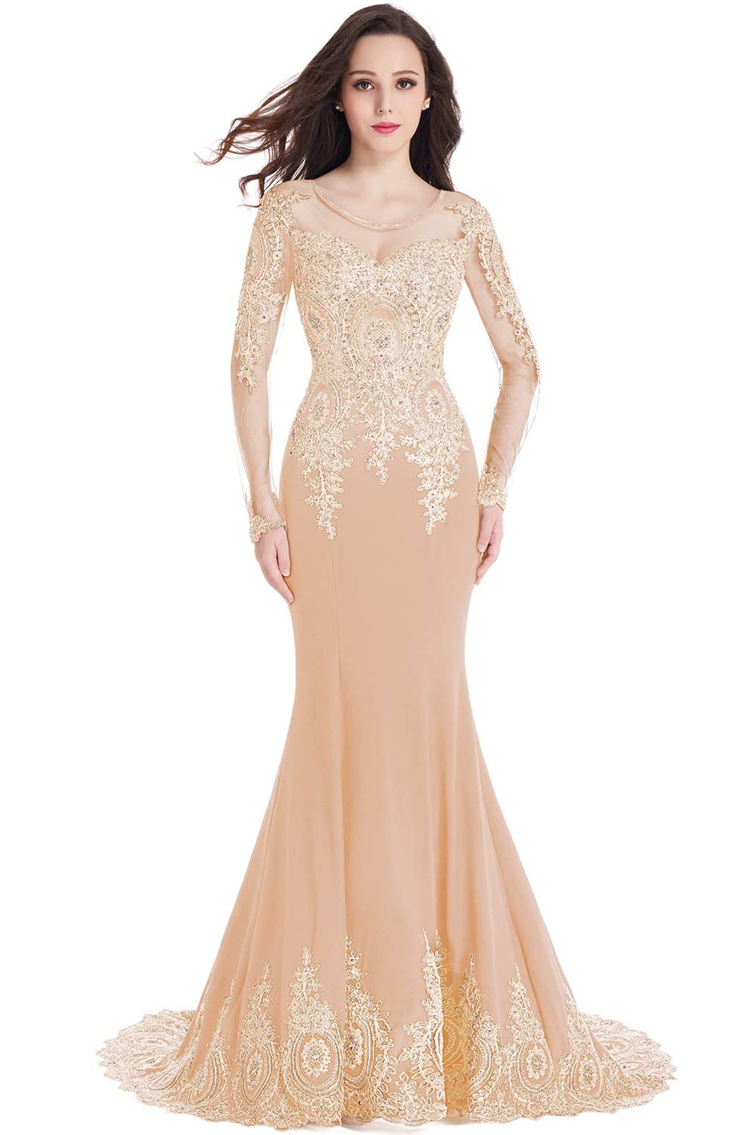 MisShow Women's Elegant Beaded Lace Mermaid Evening Dress - Formal Prom Gown with Crystal Details | Perfect for Weddings, Galas, and Special Occasions