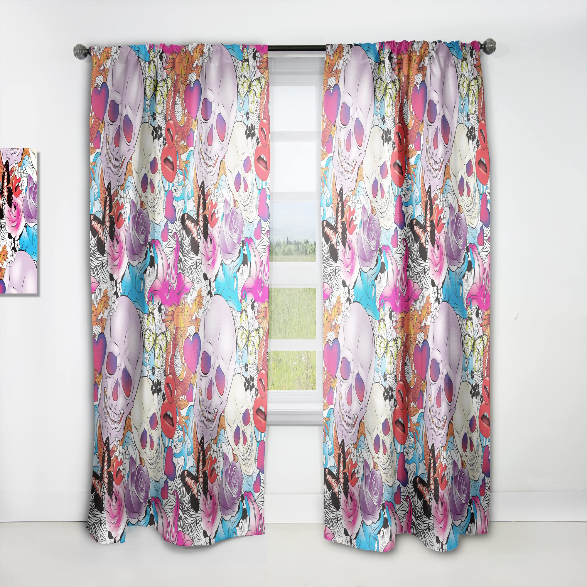 DesignQ Thermal Insulated Blackout Curtains - Gothic Floral Skull Print Single Panel (52x120 Inches) for Bedroom & Living Room - Perfect for Home Decor, Privacy & Light Blocking