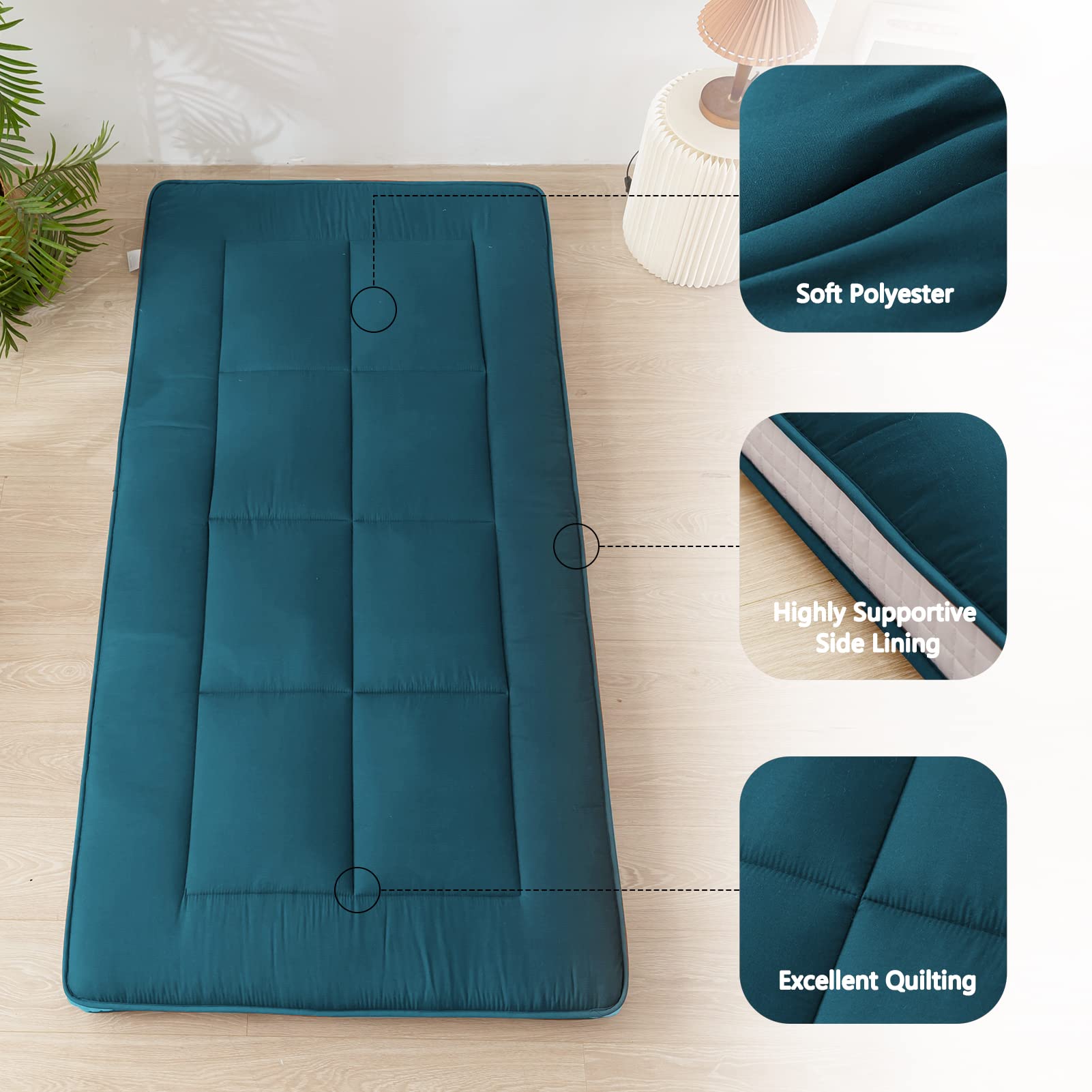 MAXYOYO Futon Mattress - Japanese Floor Sleeping Pad with Quilted Topper, Bluestone Blue | Foldable Floor Bed for Guest Room, Dorm, Camping & Yoga Mat Alternative
