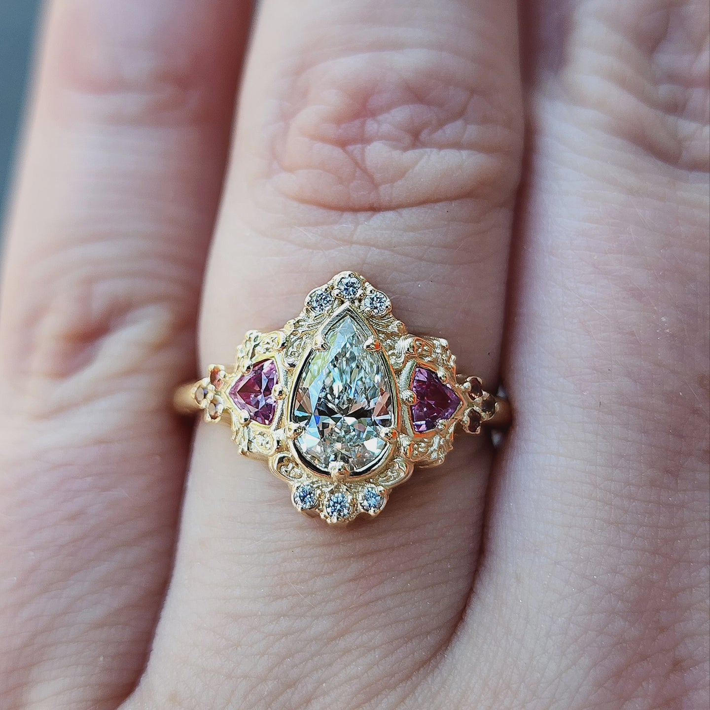 Ophelia Filigree Engagement Ring in 14k Gold with Trillion Cut Stones - Elegant Wedding Band for Proposals, Anniversaries & Romantic Occasions