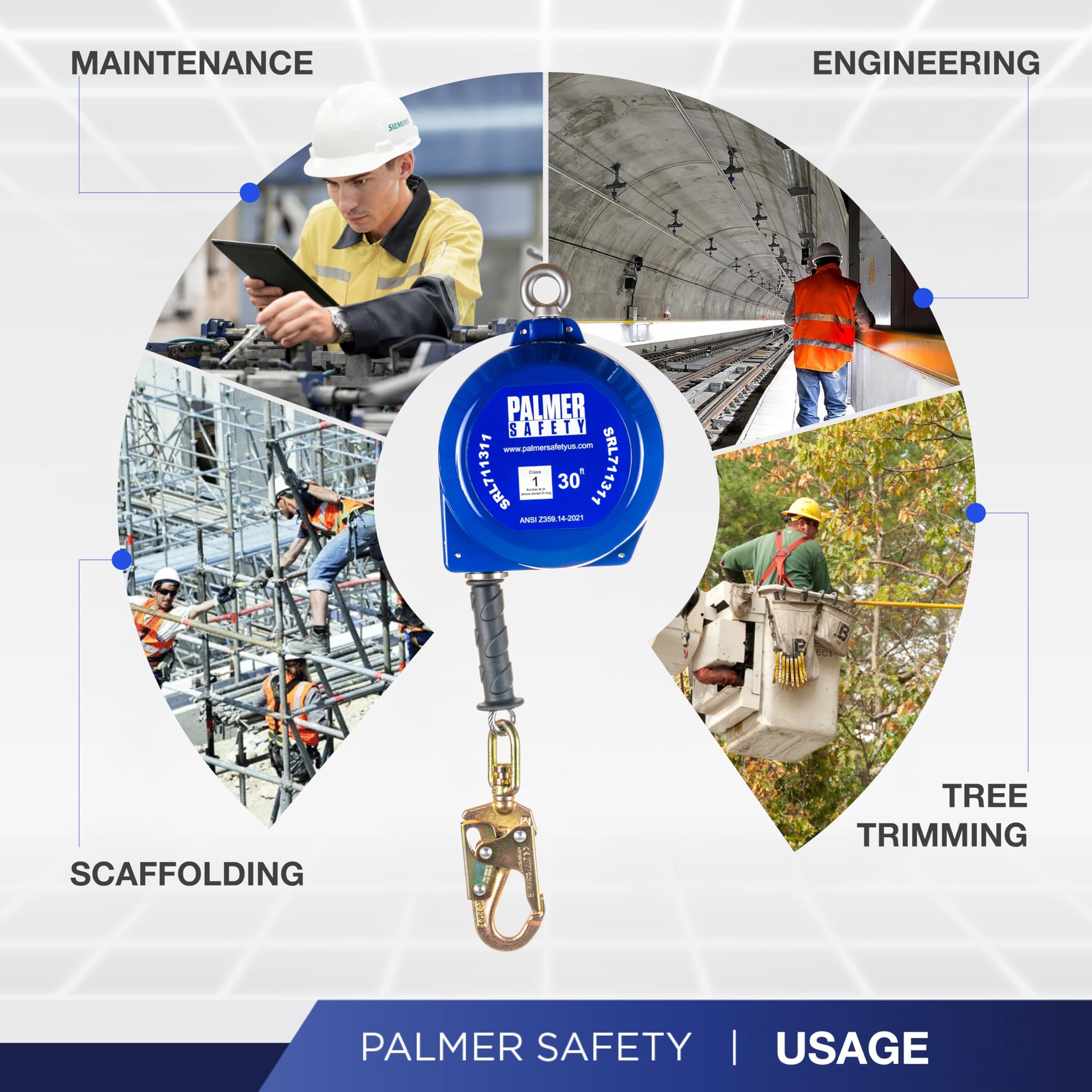 Palmer Safety SRD 30 FT Self Retracting Lifeline - ANSI Z359.14-2021 Class 1 Certified SRL Device with Swivel Top Galvanized Cable & Small Steel Snap Hook - Fall Arrest Safety Equipment for Construction, Roofing & Industrial Work