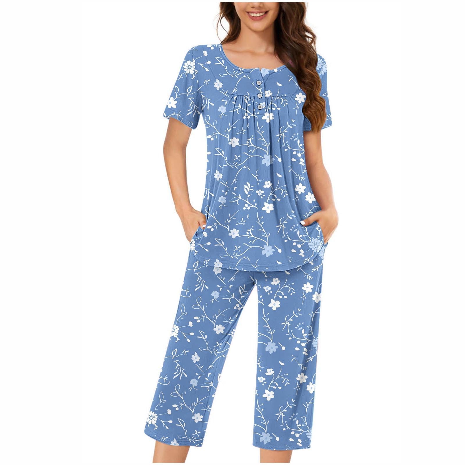 Plus Size Women's Comfy Pajama Set - Short Sleeve Top & Capri Pants 2-Piece Lounge Wear | Soft Casual Sleepwear for Women | Perfect for Relaxing at Home, Lounging & Sleepovers