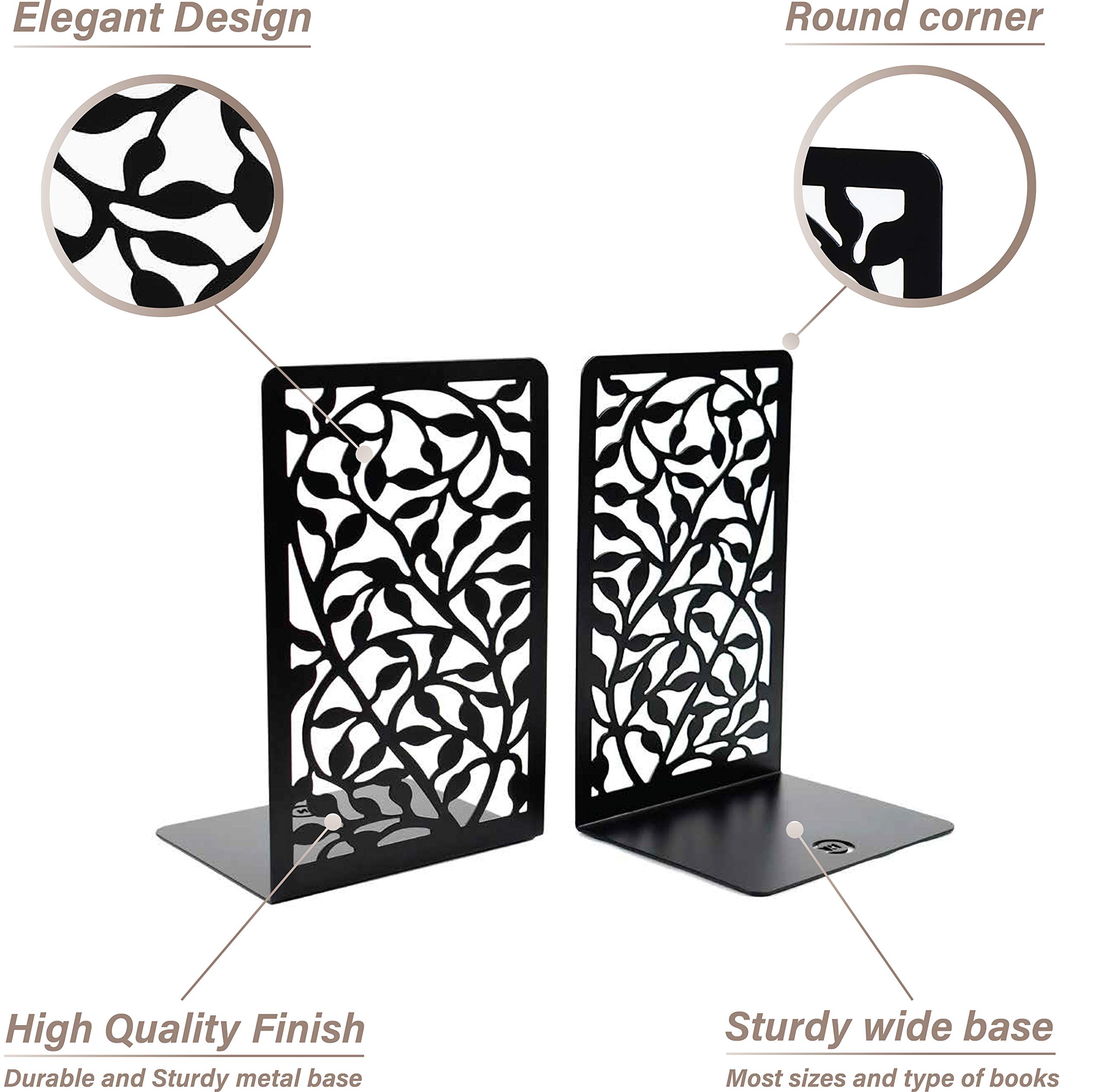 CNK Metal Bookends for Heavy Books - Set of 2 Black Infinite Leaf Design Book Holders for Home Office & Bookshelves - Perfect for Organizing Books, Decorative Display, and Securing Large Volumes