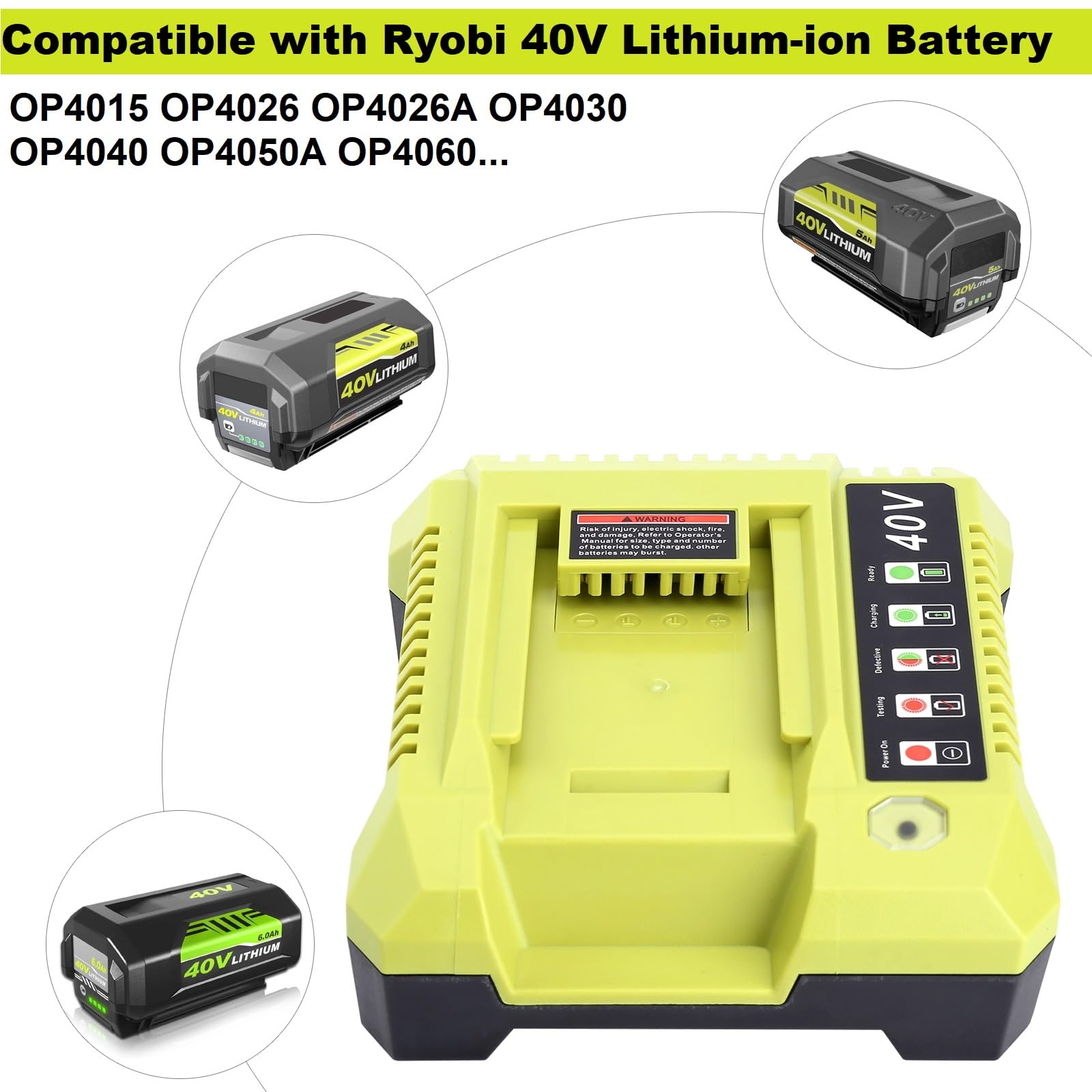 Ryobi 40V Battery Charger Replacement - Fast OP401 Charger Compatible with Ryobi 40V Lithium Batteries OP4040/OP4050/OP4050A/OP40601/OP4026/OP4015/OP4030 - Perfect for Lawn Mowers, Leaf Blowers & Power Tools