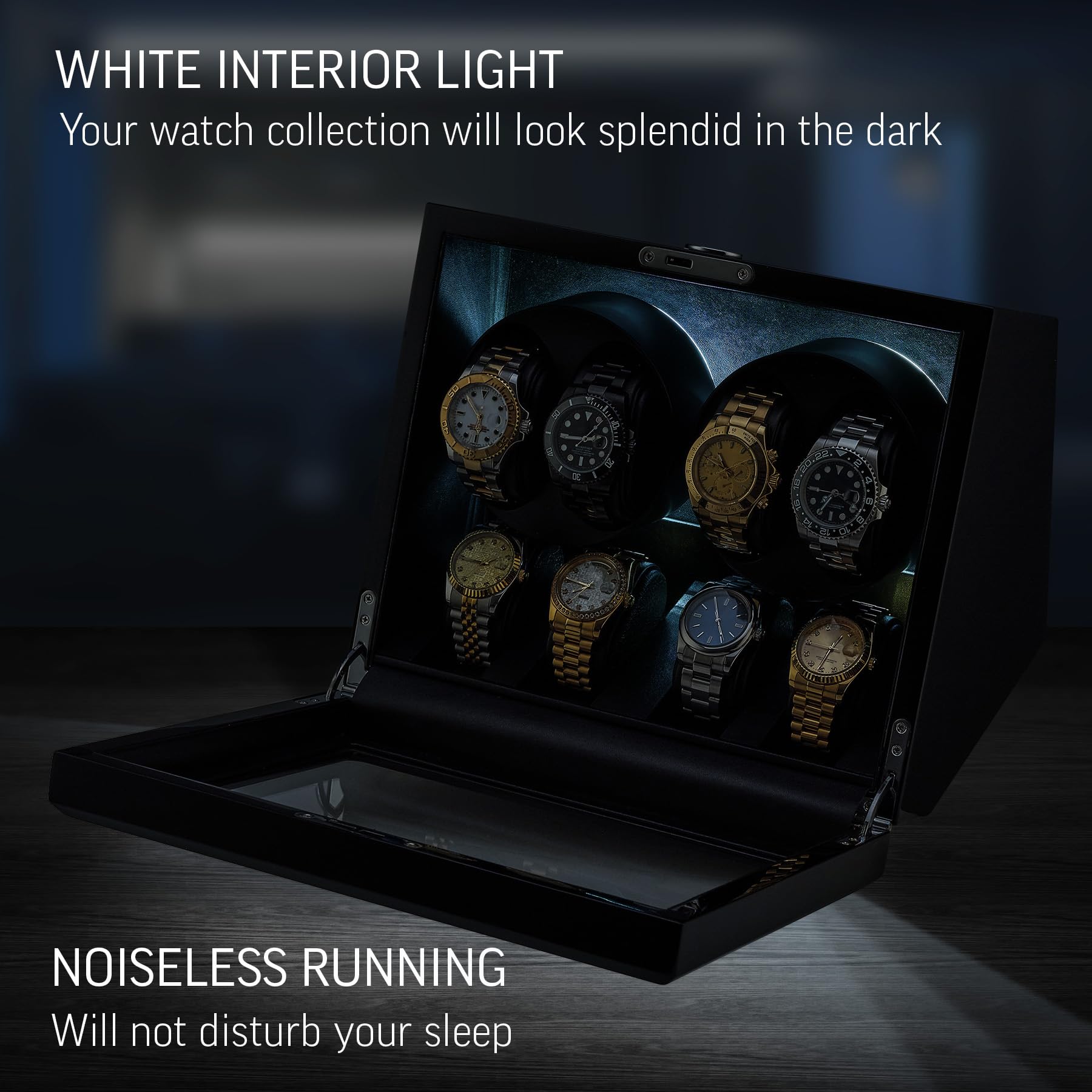 TIMECUBE Automatic Watch Winder for Men - 4 Watch Storage Box with LED Light & Smart Motor Stop - Perfect for Rolex, Omega Luxury Watches - Home Office & Travel Use