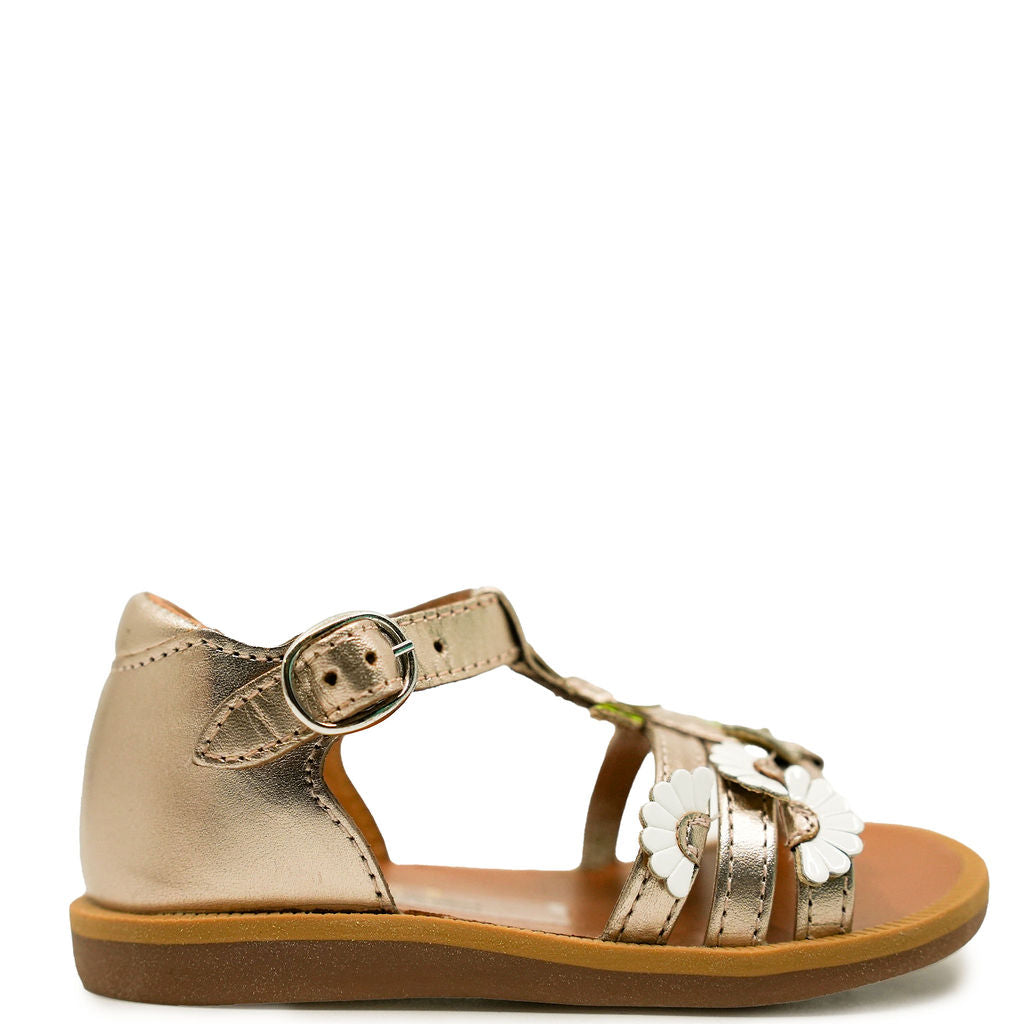 Pom D'Api Champagne Flower Baby Sandals for Girls - Comfortable First Walkers with Floral Design - Perfect for Weddings, Parties & Special Occasions