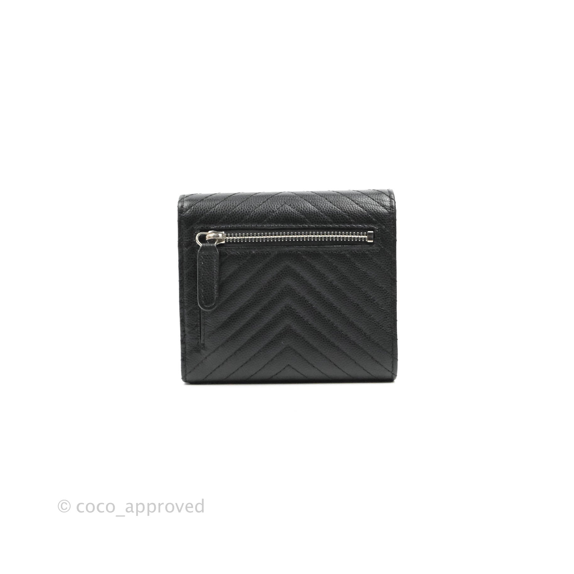Chanel Classic Flap Chevron Wallet in Black Caviar Leather with Silver Hardware - Luxury Women's Wallet for Everyday Use & Special Occasions