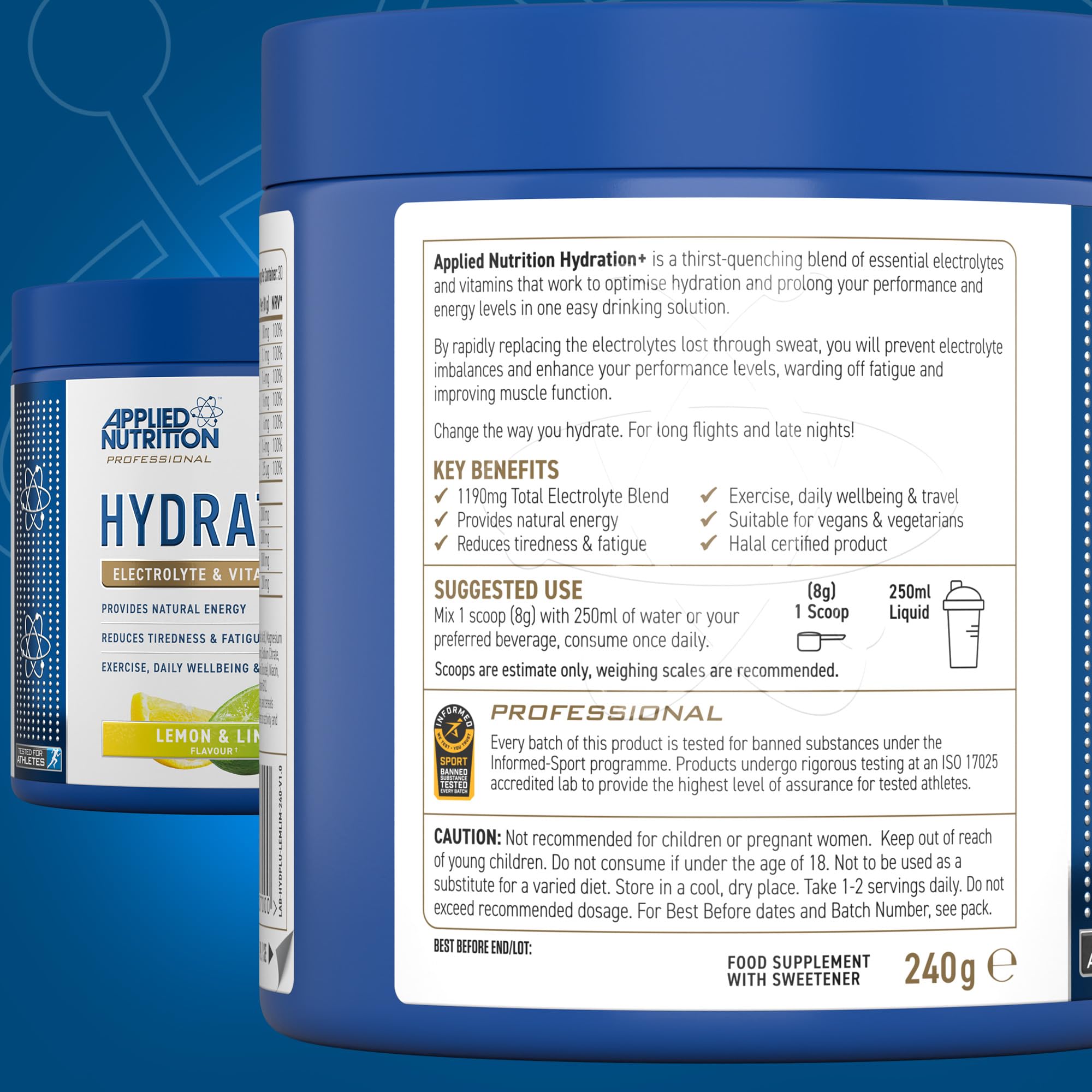 Applied Nutrition Hydration+ Electrolyte Powder 240g - Rapid Hydration for Athletes, Workouts & Outdoor Activities | Sugar-Free Sports Drink Mix with Essential Minerals