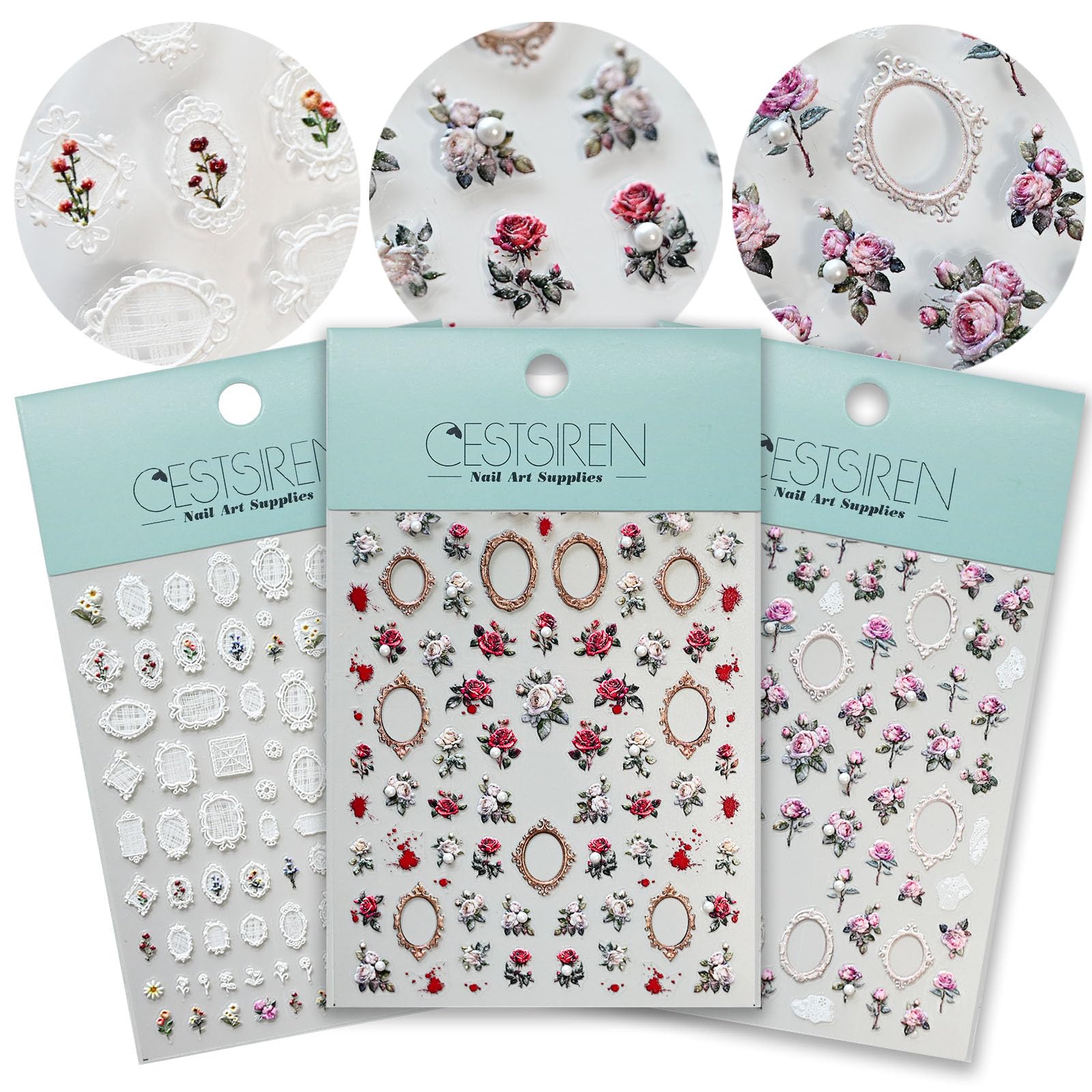 Vintage Rose Flower Nail Art Stickers with Pearl Rhinestones - Self-Adhesive Nail Decals for Women, 3 Sheets - Perfect for Bridal, Party & Special Occasion Nail Designs
