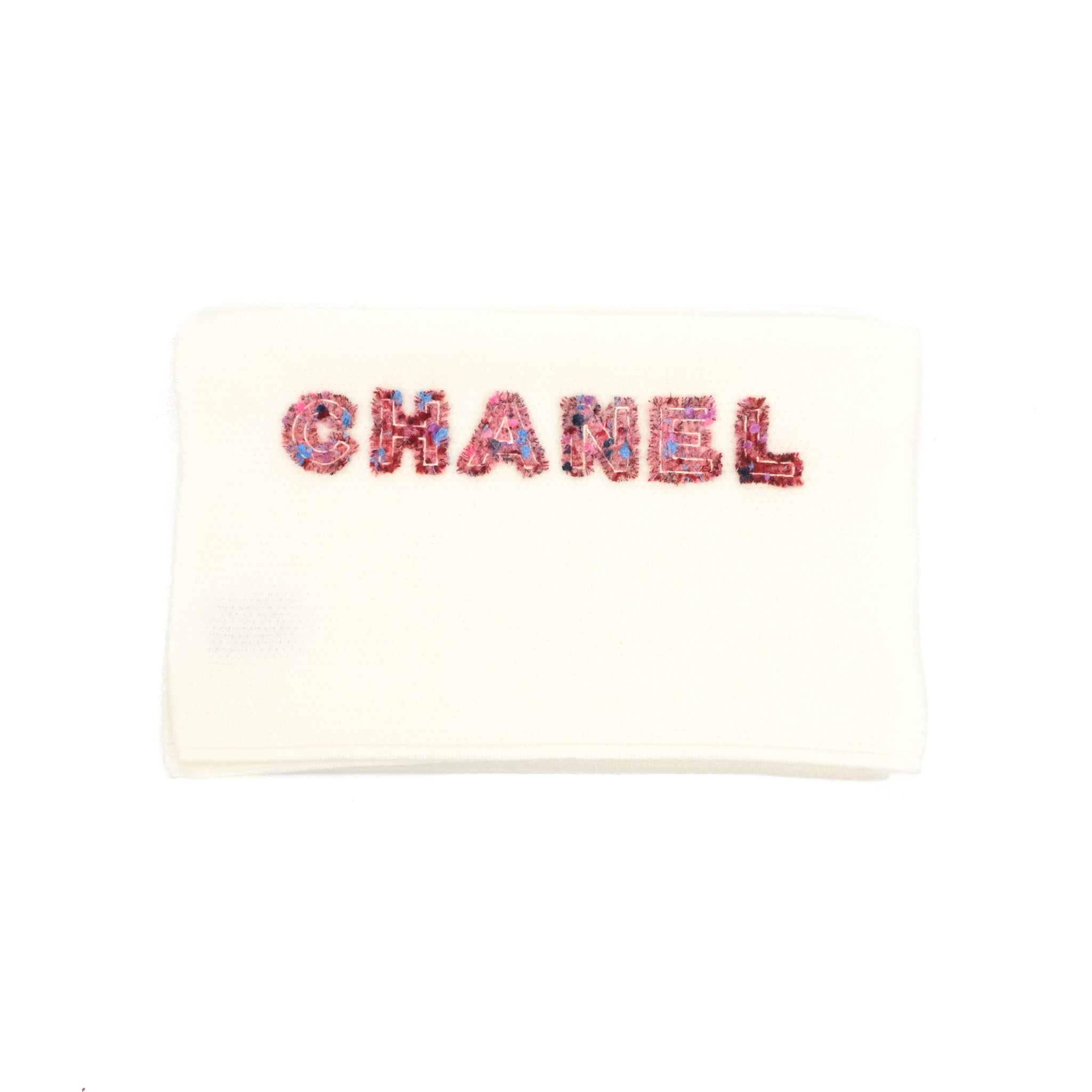 Chanel Cashmere Scarf with Tweed Logo - Ivory Luxury Winter Wrap for Women - Perfect for Office, Travel & Special Occasions