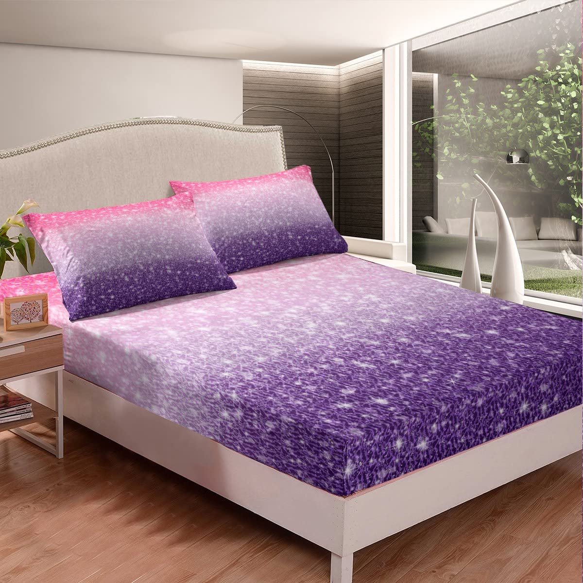Erosebridal Galaxy Fitted Sheet Set - Twin Size Pink Purple Glitter Gradient Ombre Bedding with Starry Sky Sparkle Design (Includes 1 Pillowcase) | Perfect for Kids, Girls & Women's Bedroom Decor | Ideal for Themed Rooms, Sleepovers & Cozy Nights